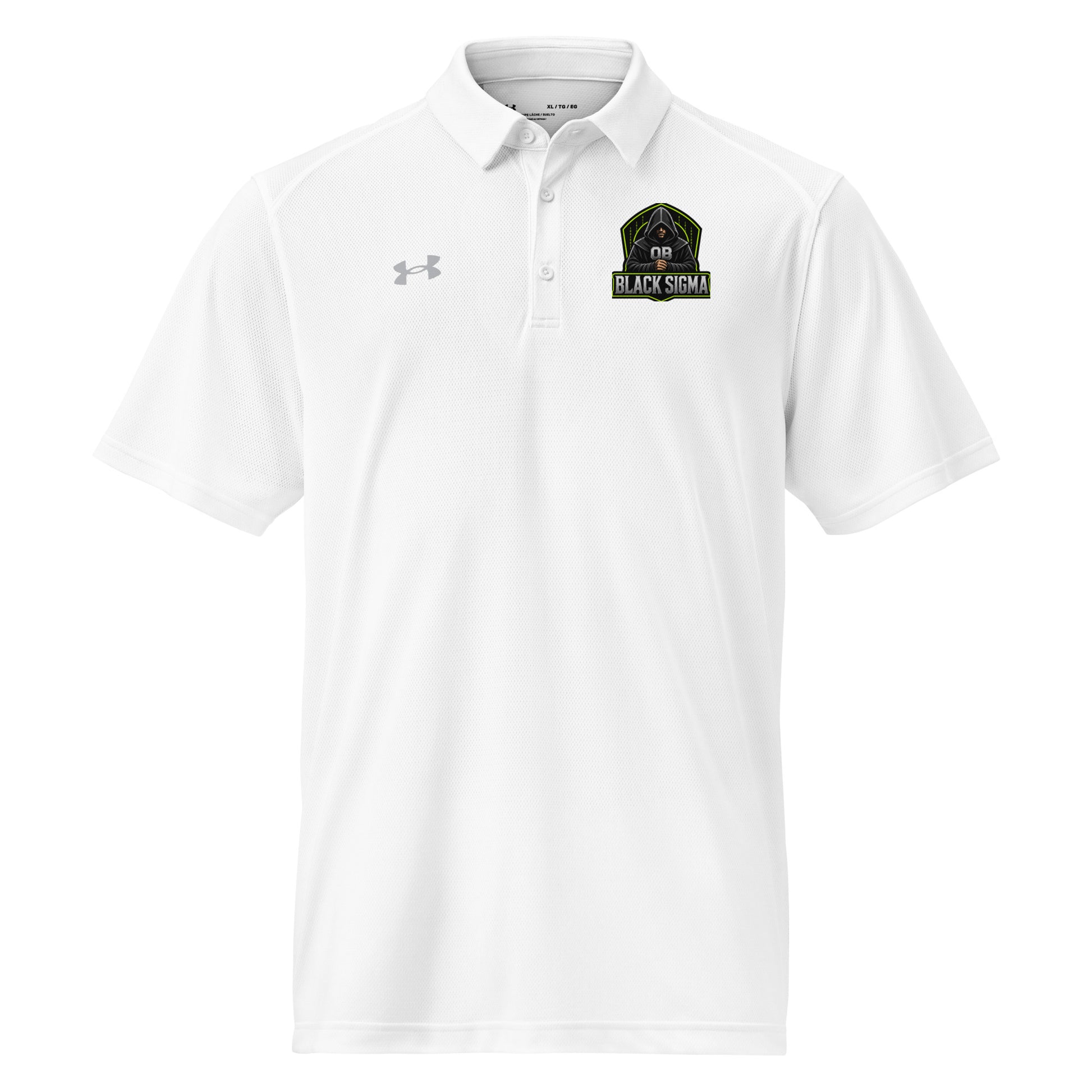 Black Under Armour men's polo shirt with embroidered Sigma OBDANGEROUS logo, designed for gym and street wear.