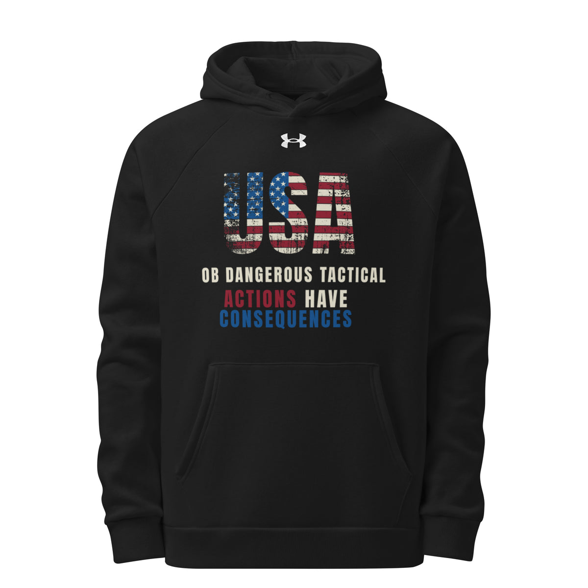 Black Under Armour Rival Fleece hoodie for men, featuring "Actions Have Consequences" print, suited for gym, street, and casual wear.