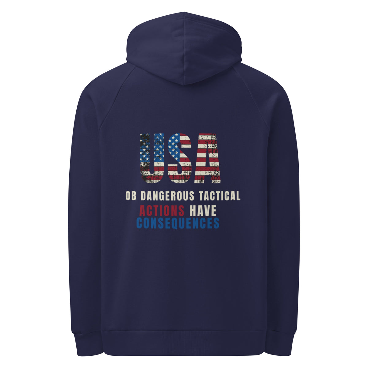 Men's Under Armour Rival Fleece hoodie in navy, featuring "Actions Have Consequences" design, suitable for gym and street wear.