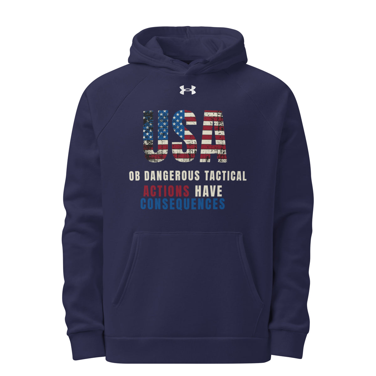 Men's navy Under Armour Rival Fleece hoodie with "Actions Have Consequences" slogan, designed for gym, street, and everyday wear.