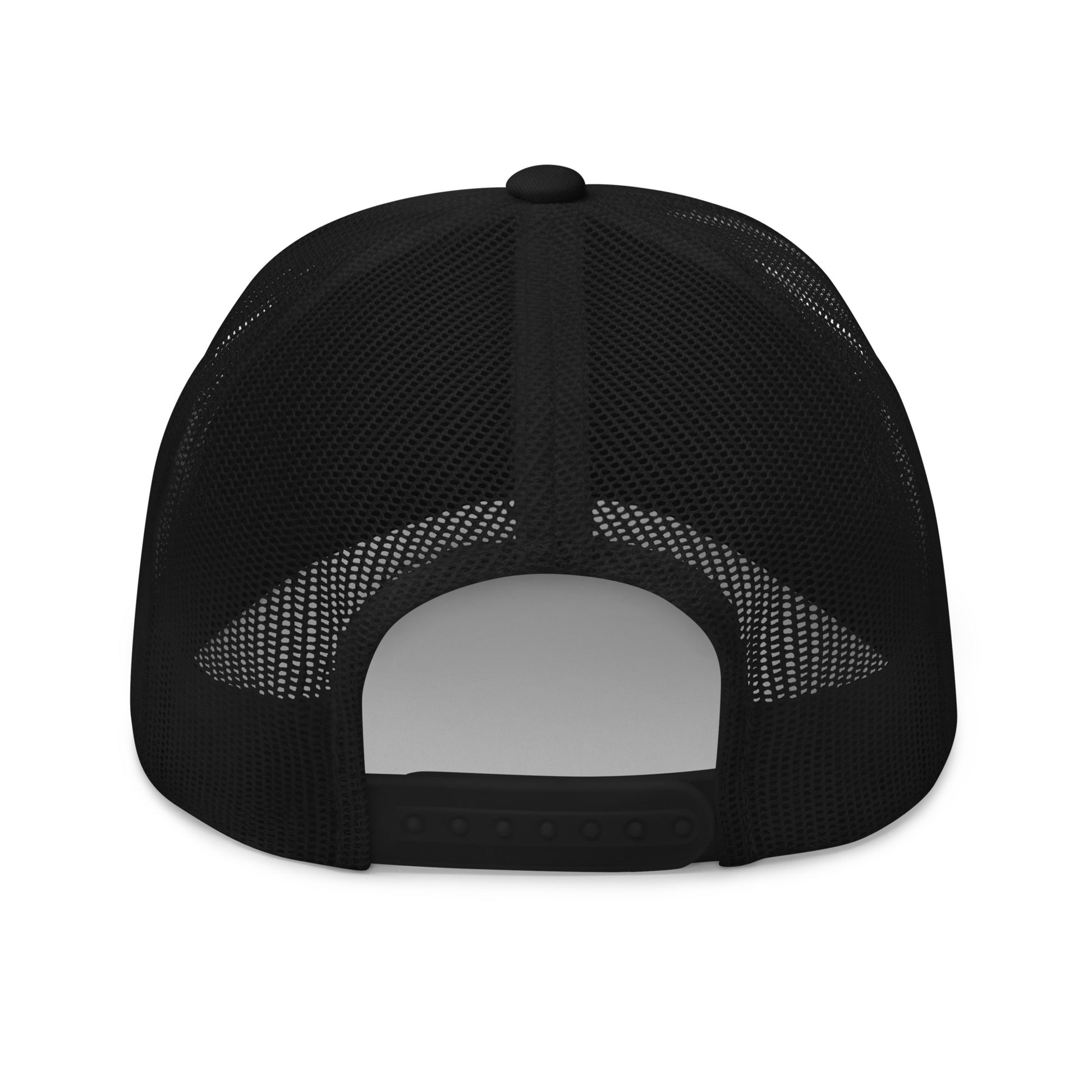 Black embroidered OBD TAO Calm trucker cap by OB DANGEROUS, featuring a retro design, suitable for gym and streetwear.