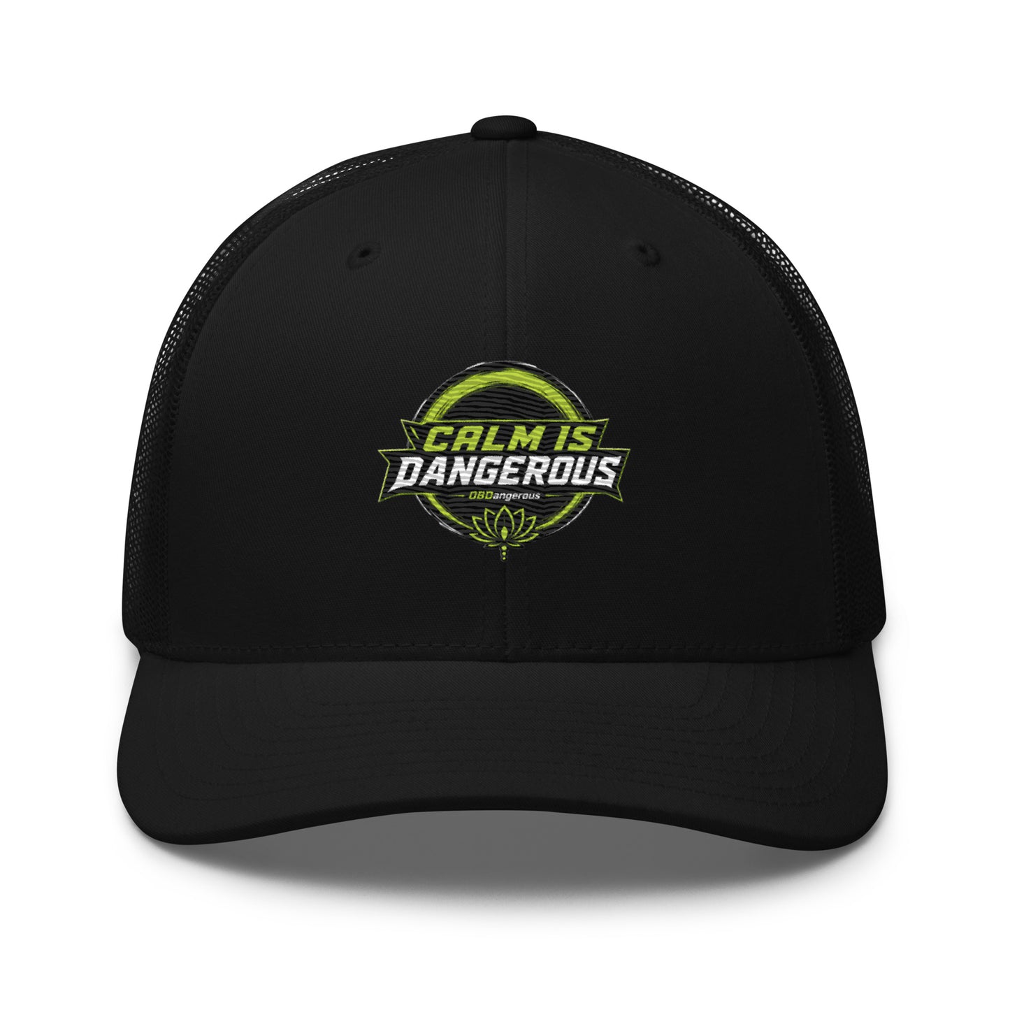 Black embroidered OBD TAO Calm trucker cap by OB DANGEROUS, featuring a retro style, designed for gym, street, and casual wear.
