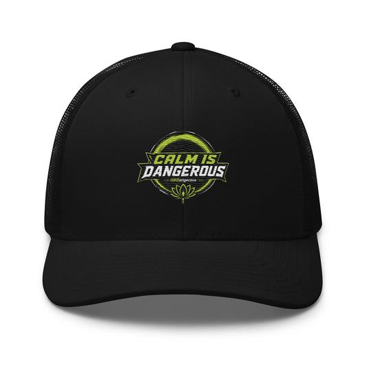 Black embroidered OBD TAO Calm trucker cap by OB DANGEROUS, featuring a retro style, designed for gym, street, and casual wear.