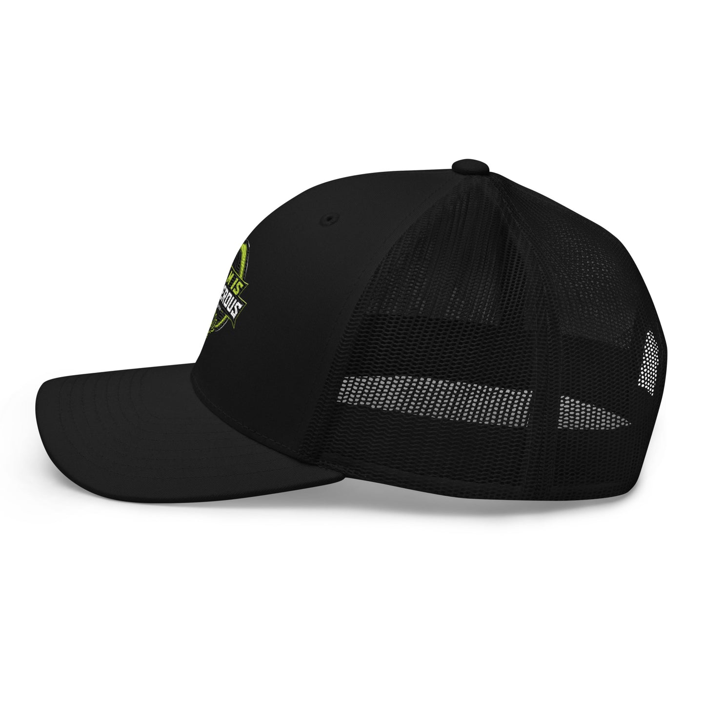 Black embroidered OBD TAO Calm trucker cap by OB DANGEROUS, featuring retro style and adjustable mesh back.