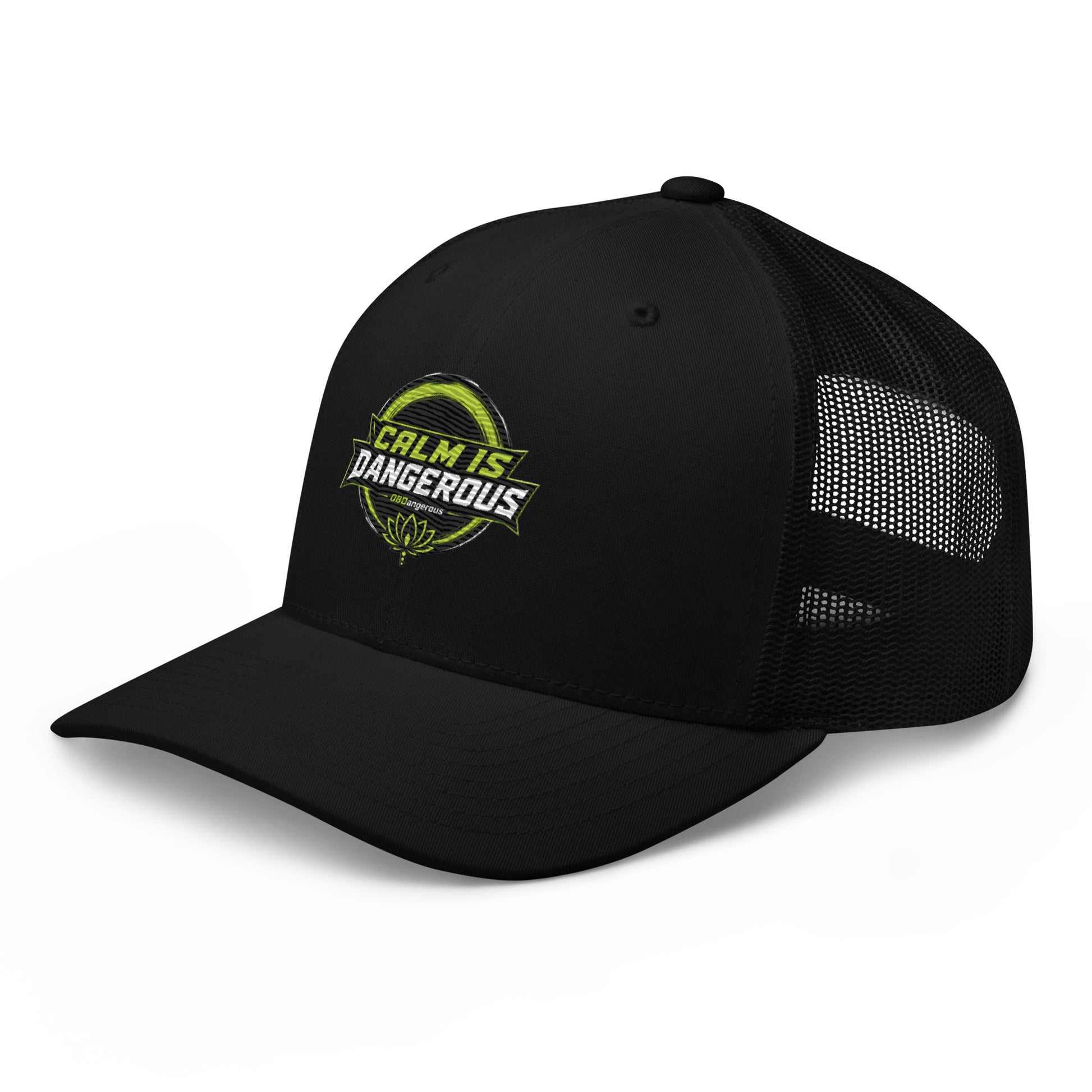 Black embroidered OBD TAO Calm trucker cap featuring a retro style, designed for gym, street, and casual wear.