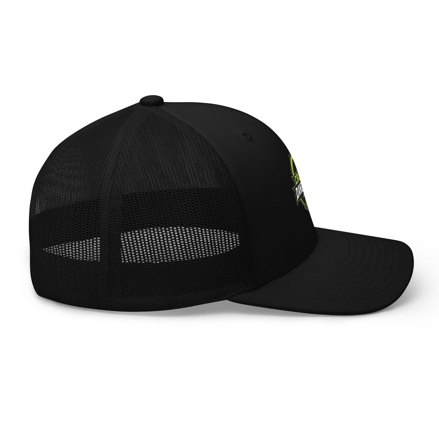 Black embroidered trucker cap by OB DANGEROUS with retro style, suitable for gym and streetwear, shown from the right side.
