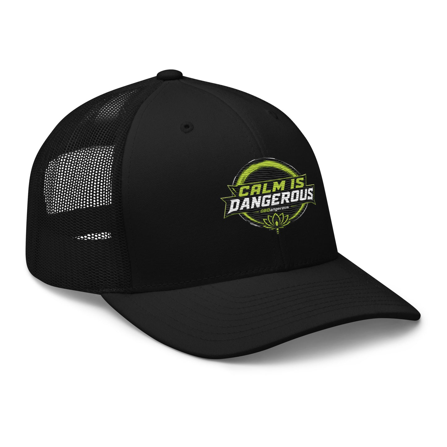 Black embroidered OBD TAO Calm Trucker Cap by OB DANGEROUS, featuring retro style, right-front embroidery, suitable for gym and streetwear.