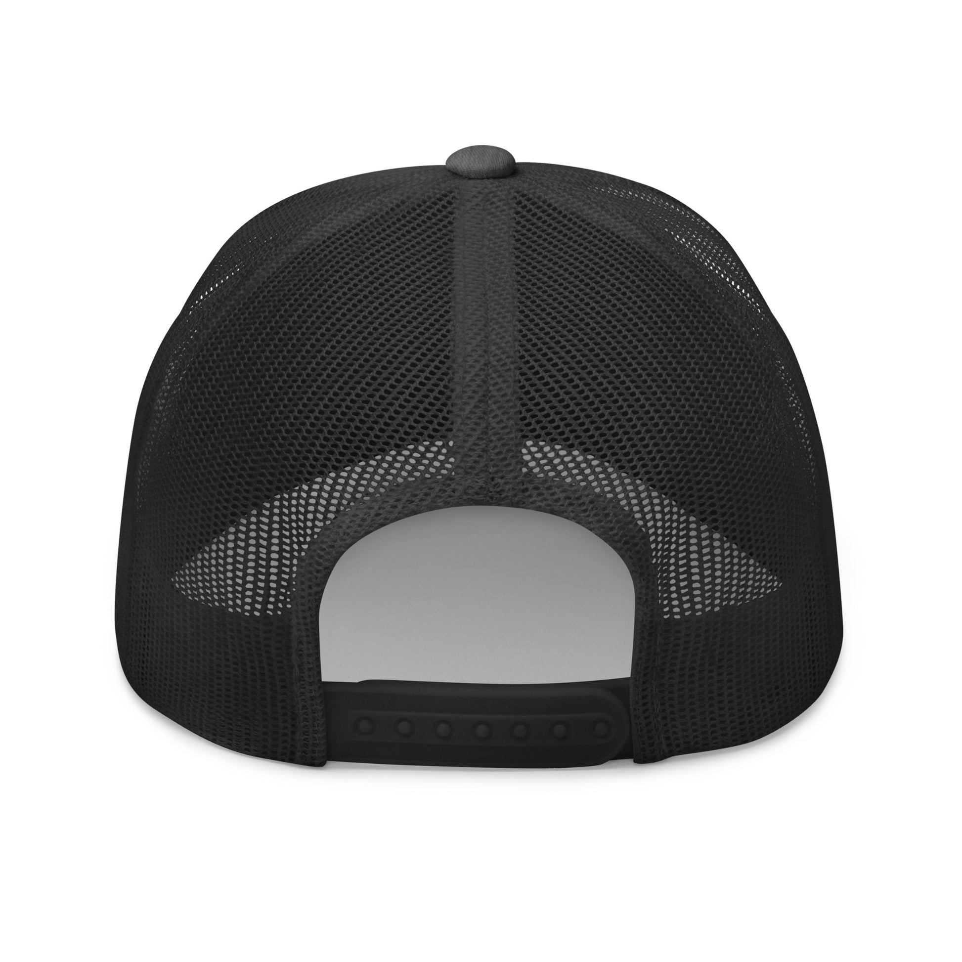 Dark heather gray embroidered OBD TAO Calm trucker cap with retro style, featuring a structured front and mesh back.