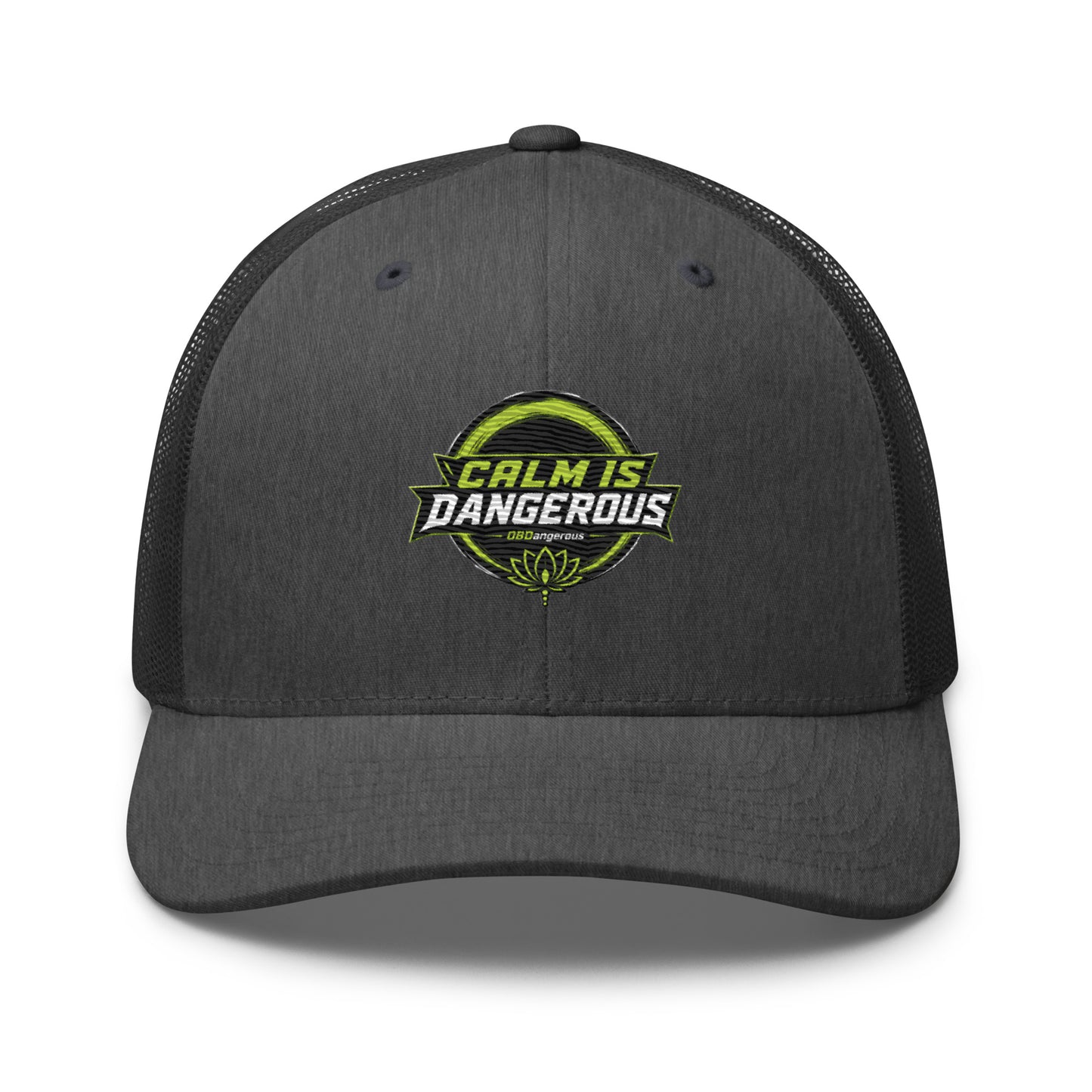 OB DANGEROUS OBD TAO Calm embroidered trucker cap in dark heather gray with front embroidery, casual street and gym style hat.
