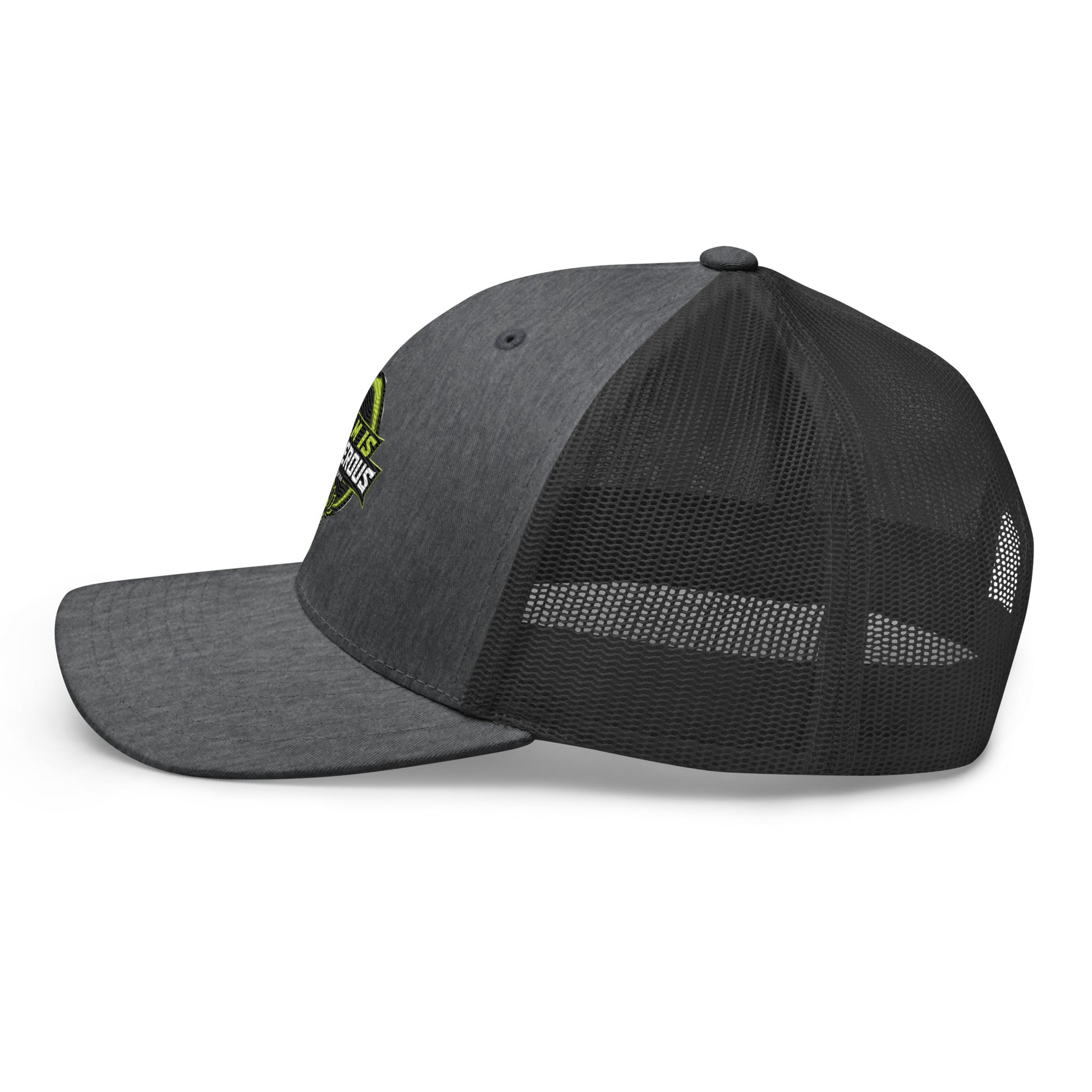 Dark heather gray embroidered OBD TAO Calm trucker cap by OB DANGEROUS, featuring classic retro trucker hat style, left view.