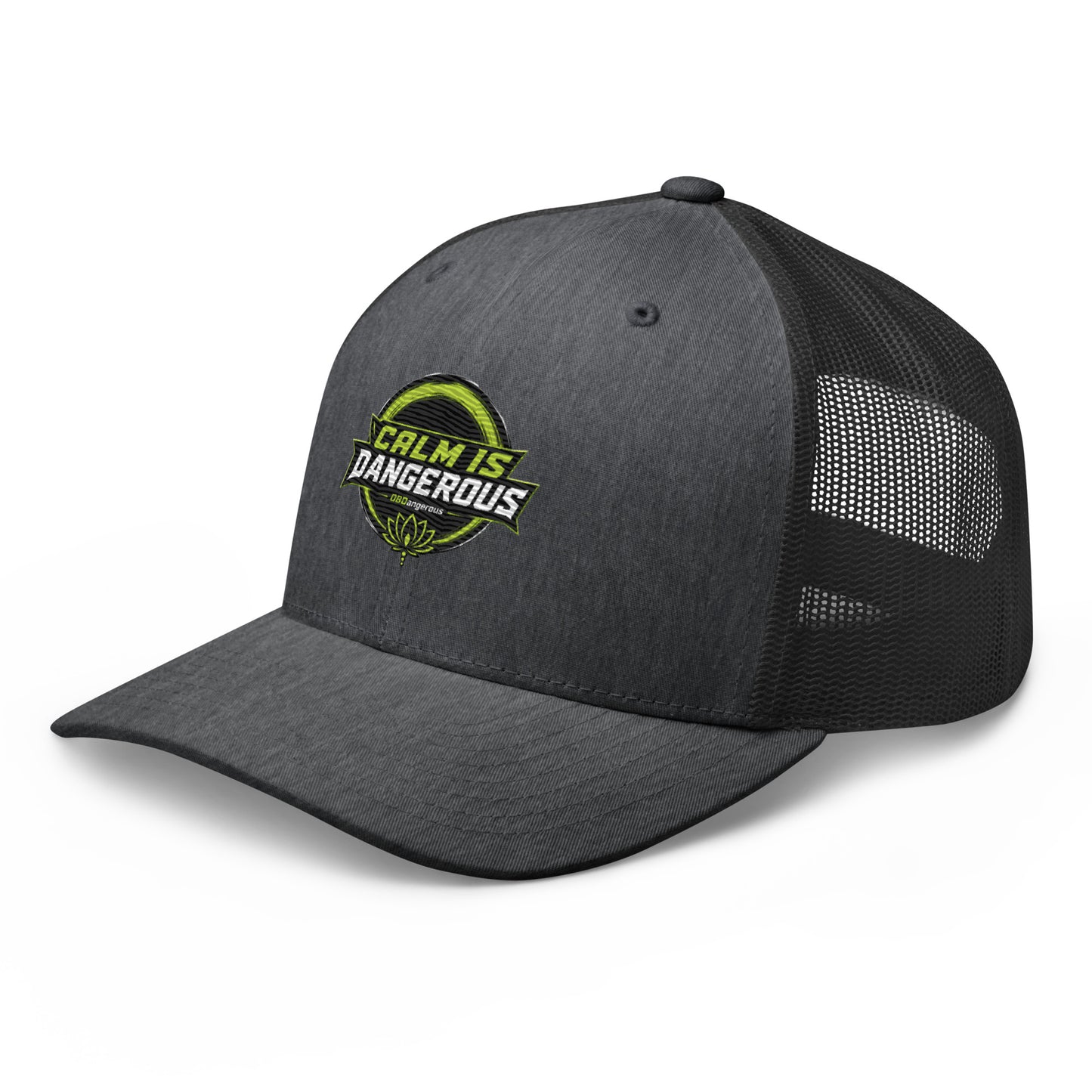 Dark heather gray embroidered trucker cap by OB DANGEROUS with a classic design, perfect for gym, street, and casual wear.