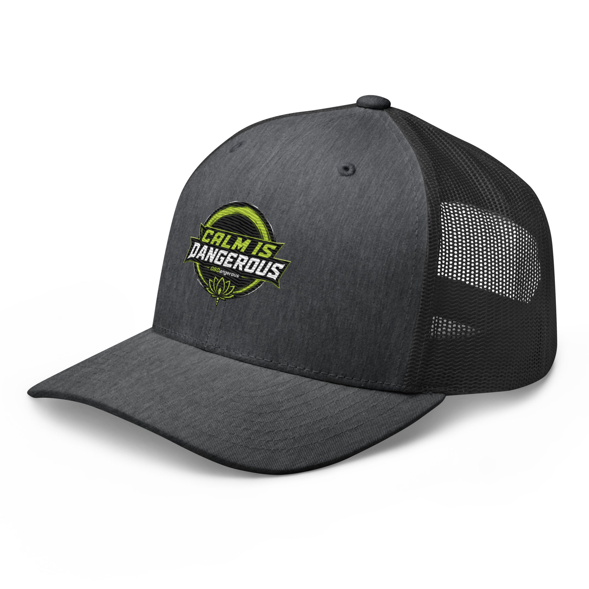 Dark heather gray embroidered trucker cap by OB DANGEROUS with a classic design, perfect for gym, street, and casual wear.