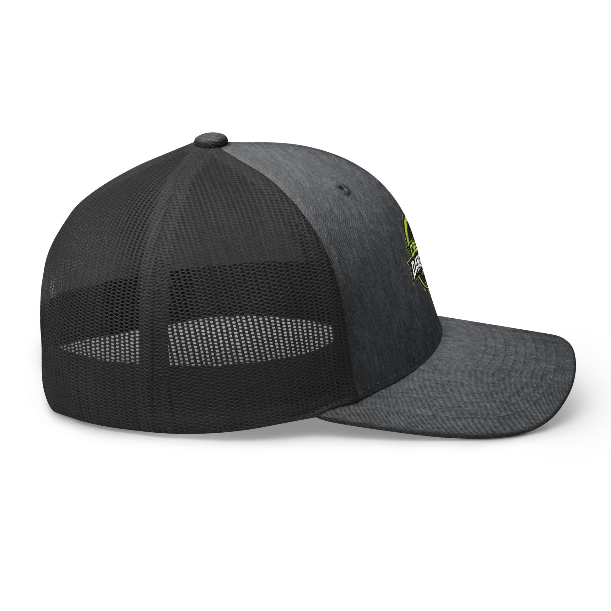 Dark heather gray embroidered trucker cap by OB DANGEROUS with a retro style, designed for gym and street wear.