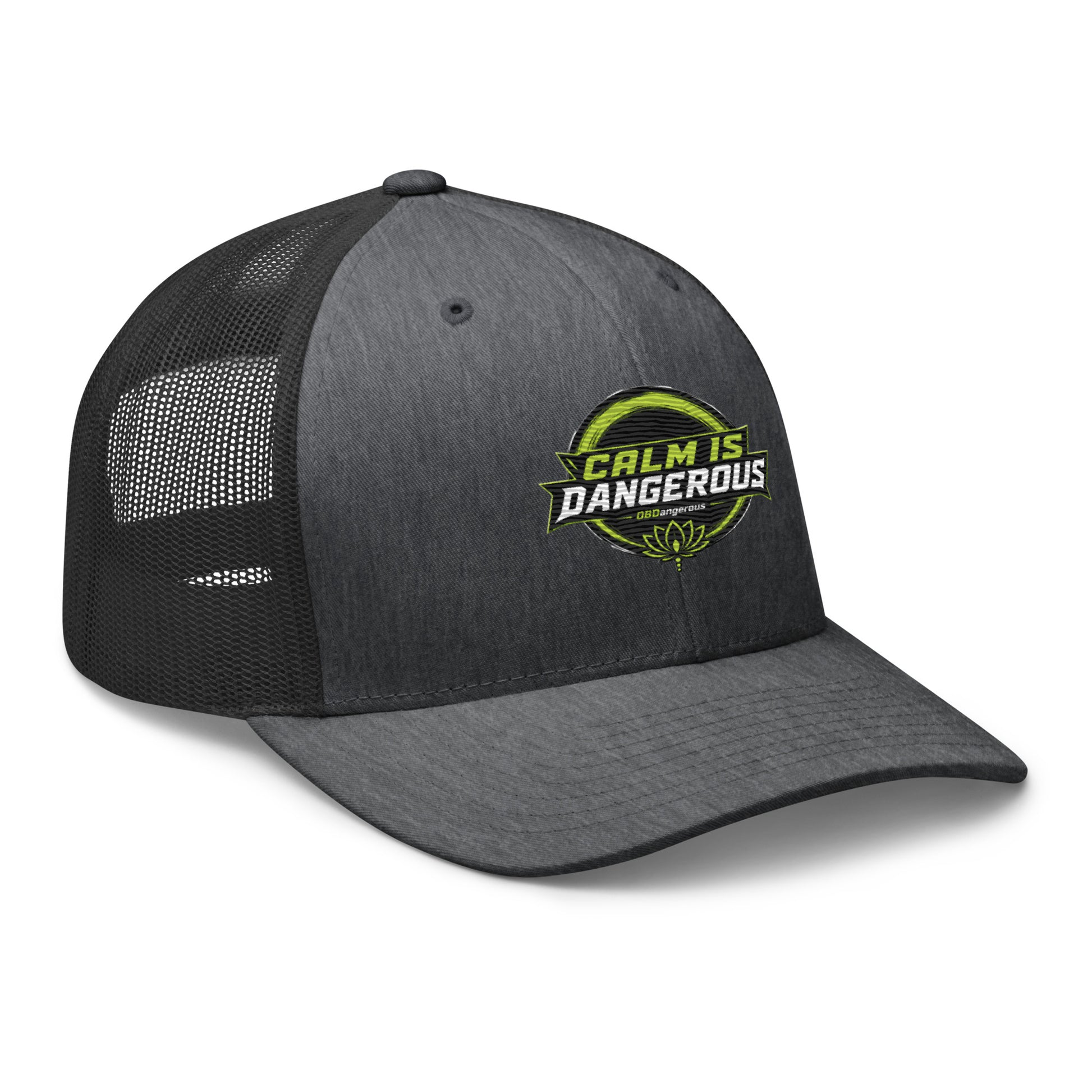 Dark heather gray embroidered OBD TAO Calm trucker cap with front logo, casual retro style, suitable for gym and streetwear.