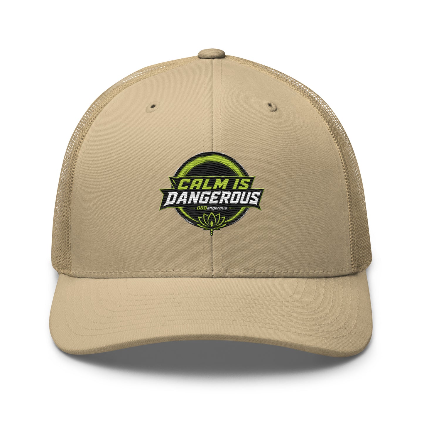 Khaki embroidered OBD TAO Calm trucker cap by OB DANGEROUS with retro style, designed for gym, street, and casual wear.