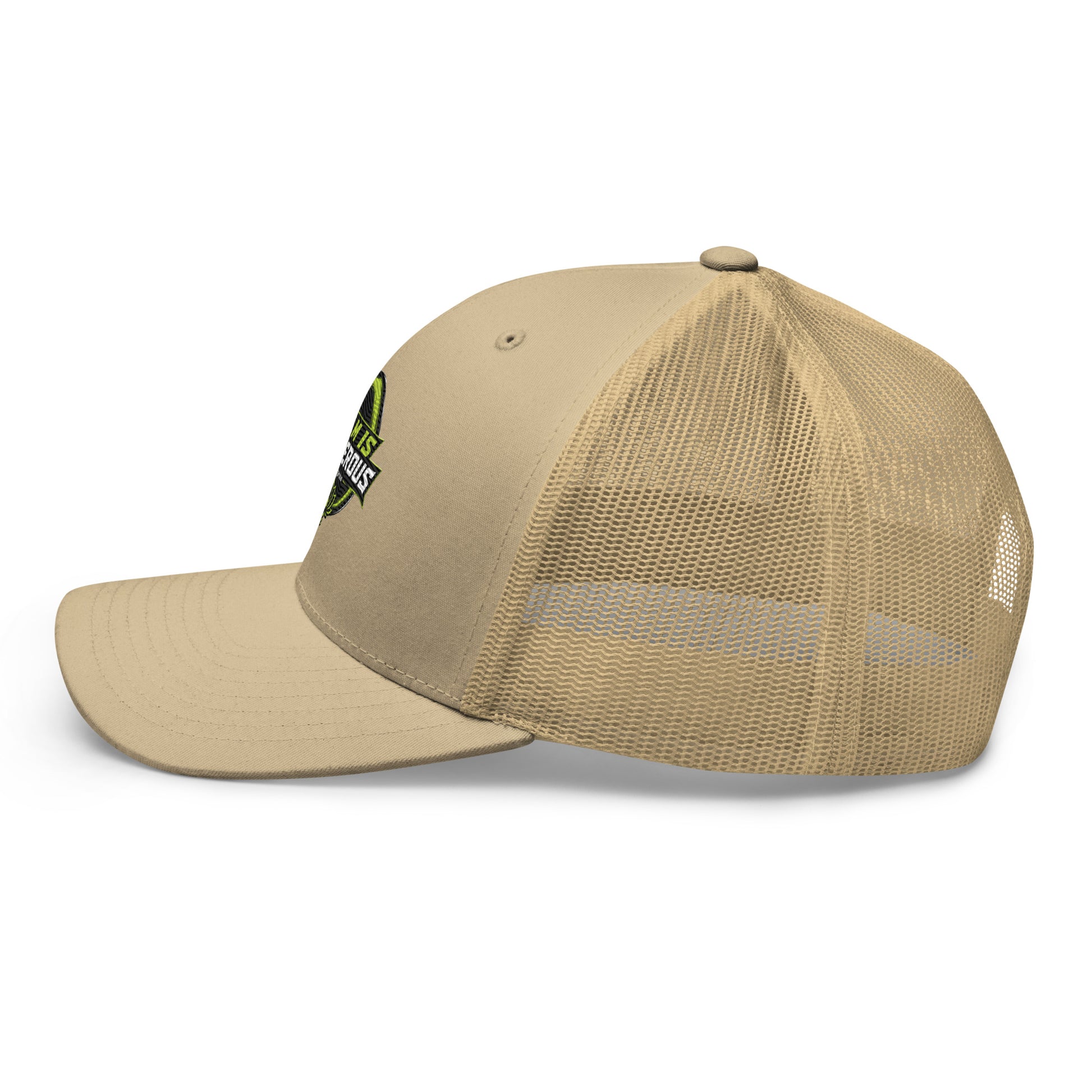 Khaki embroidered trucker cap by OB DANGEROUS, featuring a retro style suitable for gym, street, and casual wear.
