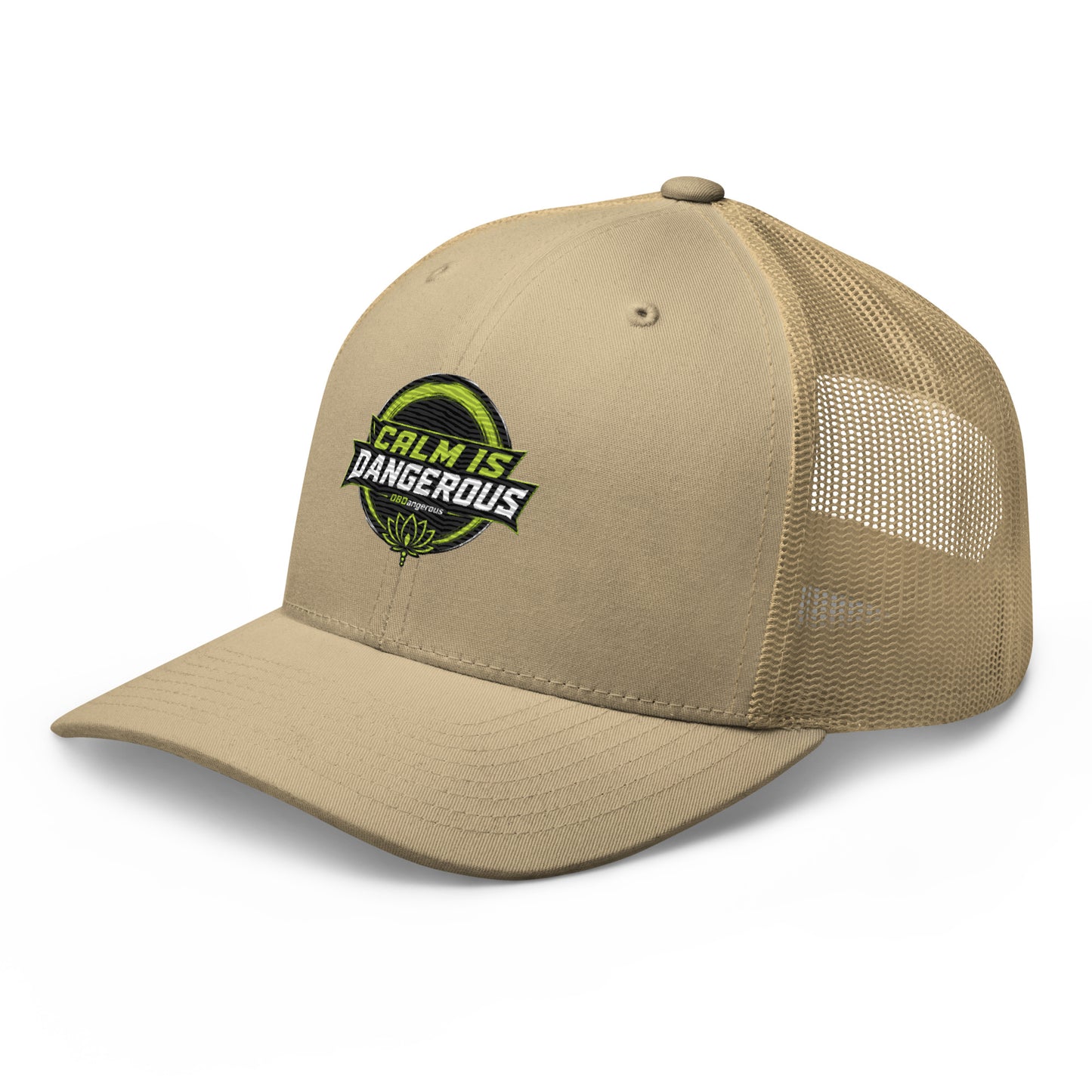 Khaki embroidered OBD TAO Calm trucker cap by OB DANGEROUS, featuring a retro style, left-front view, designed for gym and street wear.