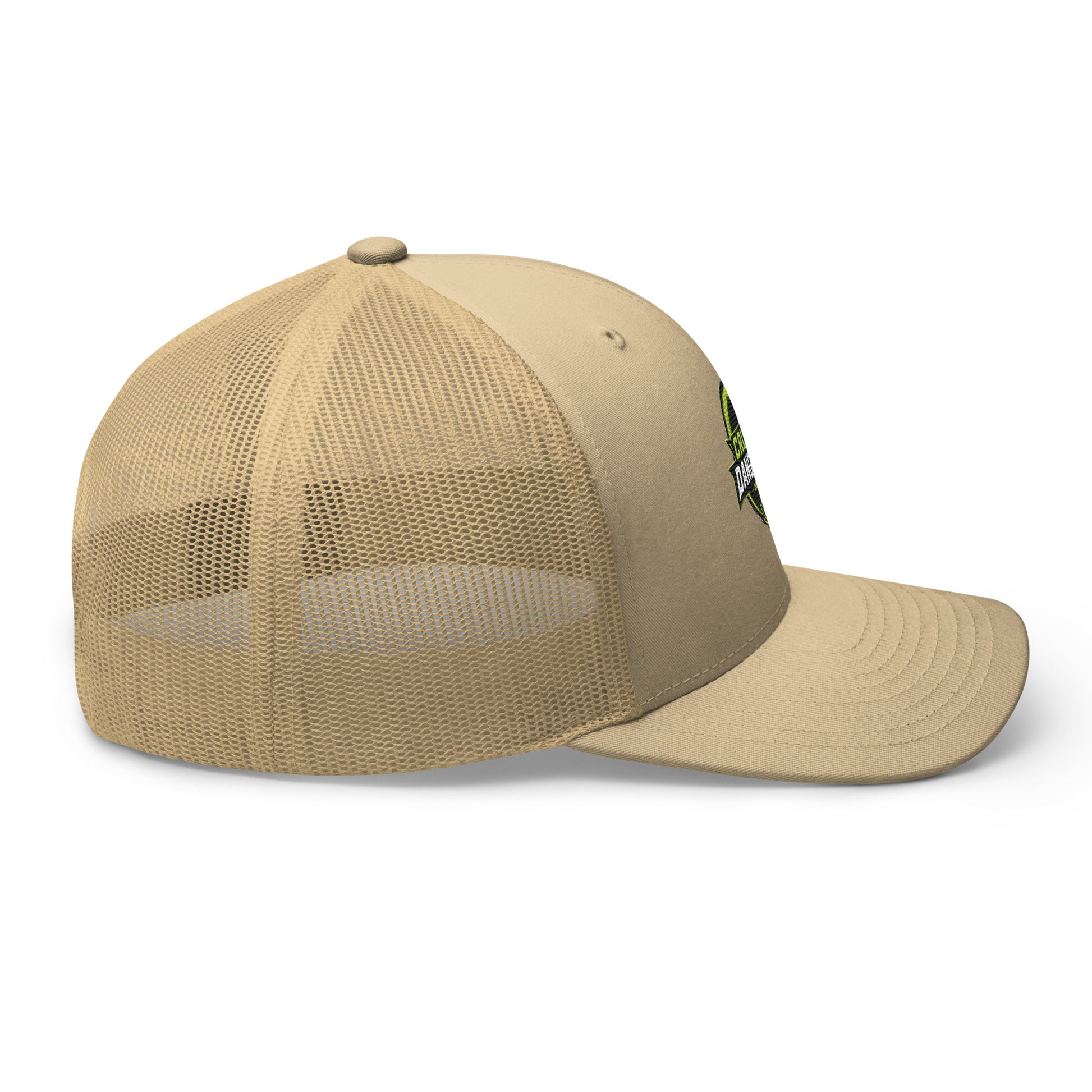 Khaki embroidered OBD TAO Calm trucker cap by OB DANGEROUS, featuring retro style, designed for gym and street wear.
