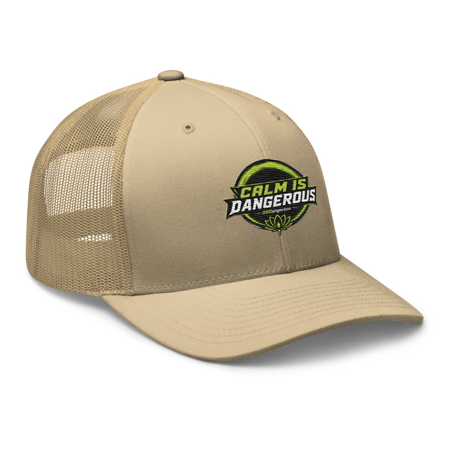 Khaki OBD TAO Calm embroidered trucker cap with front embroidery, designed for gym, street, and casual wear.