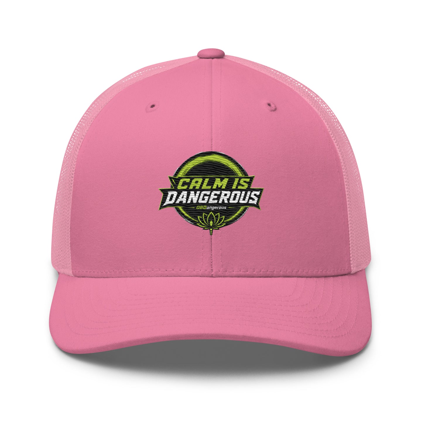Pink embroidered OBD TAO Calm trucker cap by OB DANGEROUS, featuring a retro style, for gym, street, and casual wear.