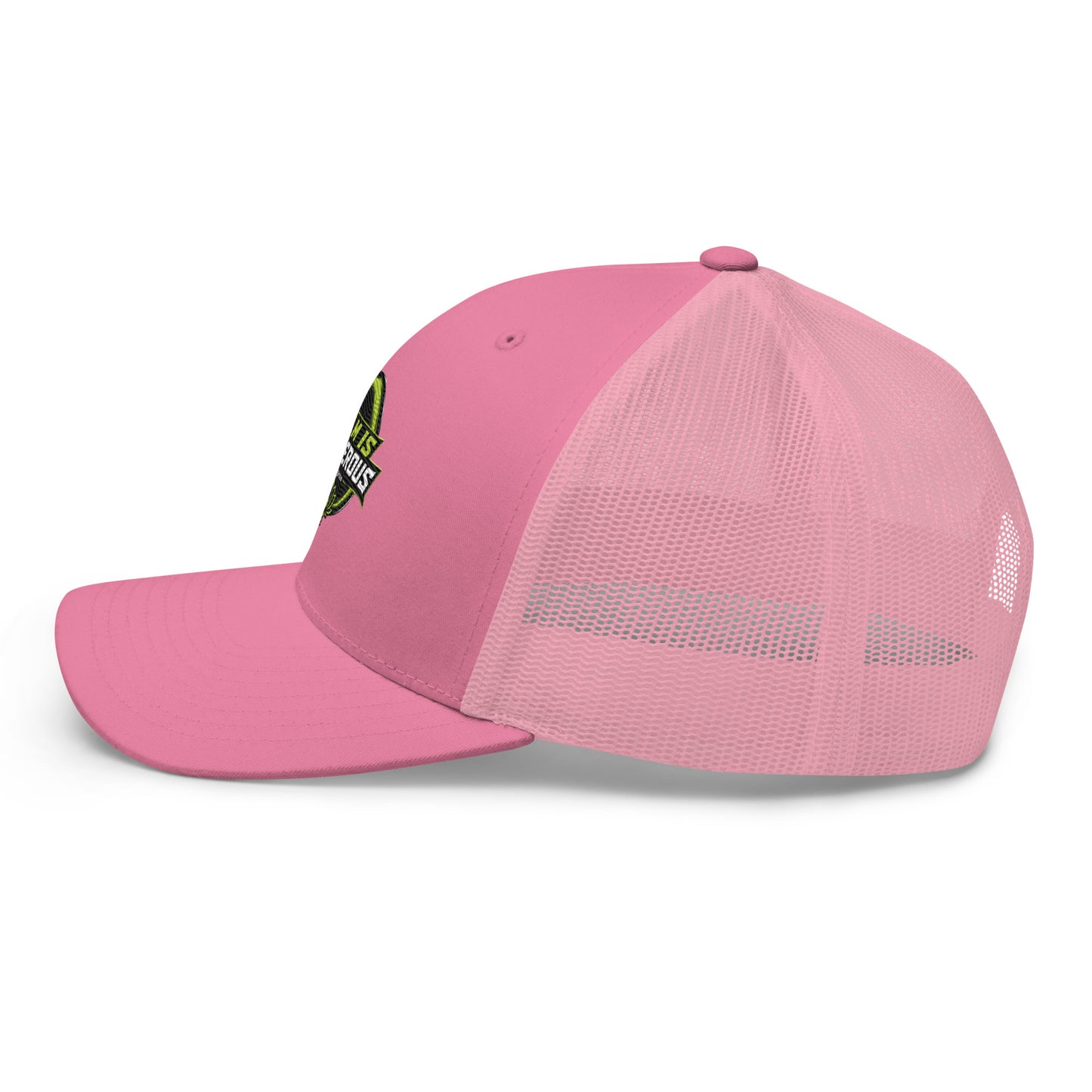 Pink embroidered OBD TAO Calm trucker cap by OB DANGEROUS, featuring retro style and adjustable mesh back for street and gym wear.