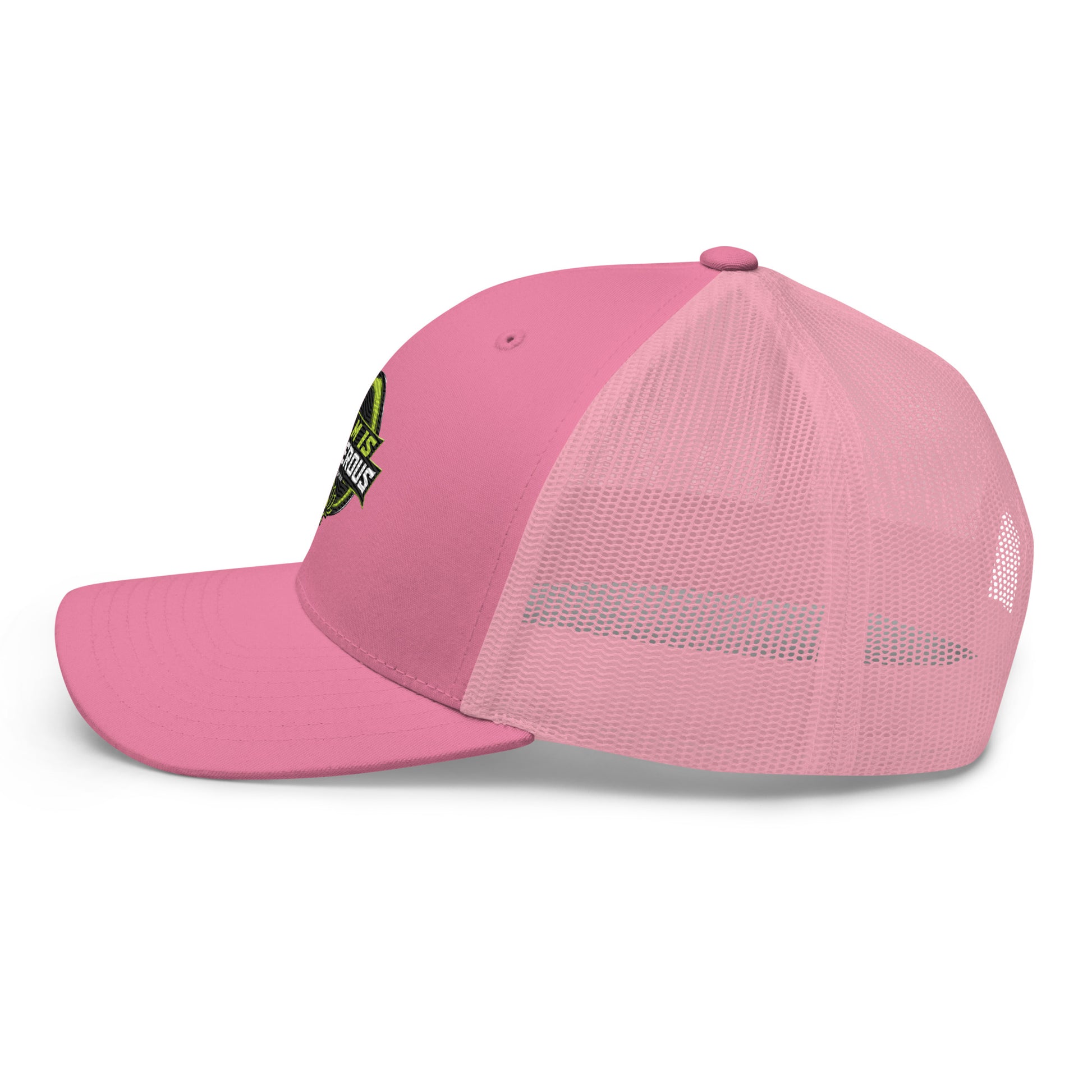 Pink embroidered OBD TAO Calm trucker cap by OB DANGEROUS, featuring retro style and adjustable mesh back for street and gym wear.