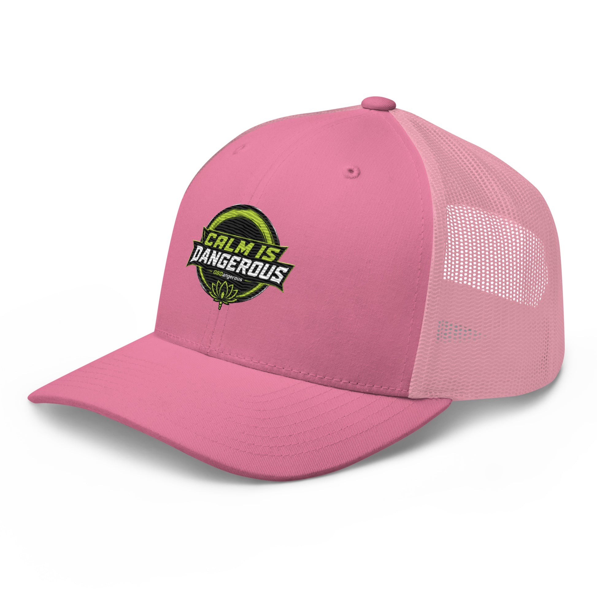 Pink embroidered trucker cap by OB DANGEROUS with a retro style, designed for gym, street, and casual wear.