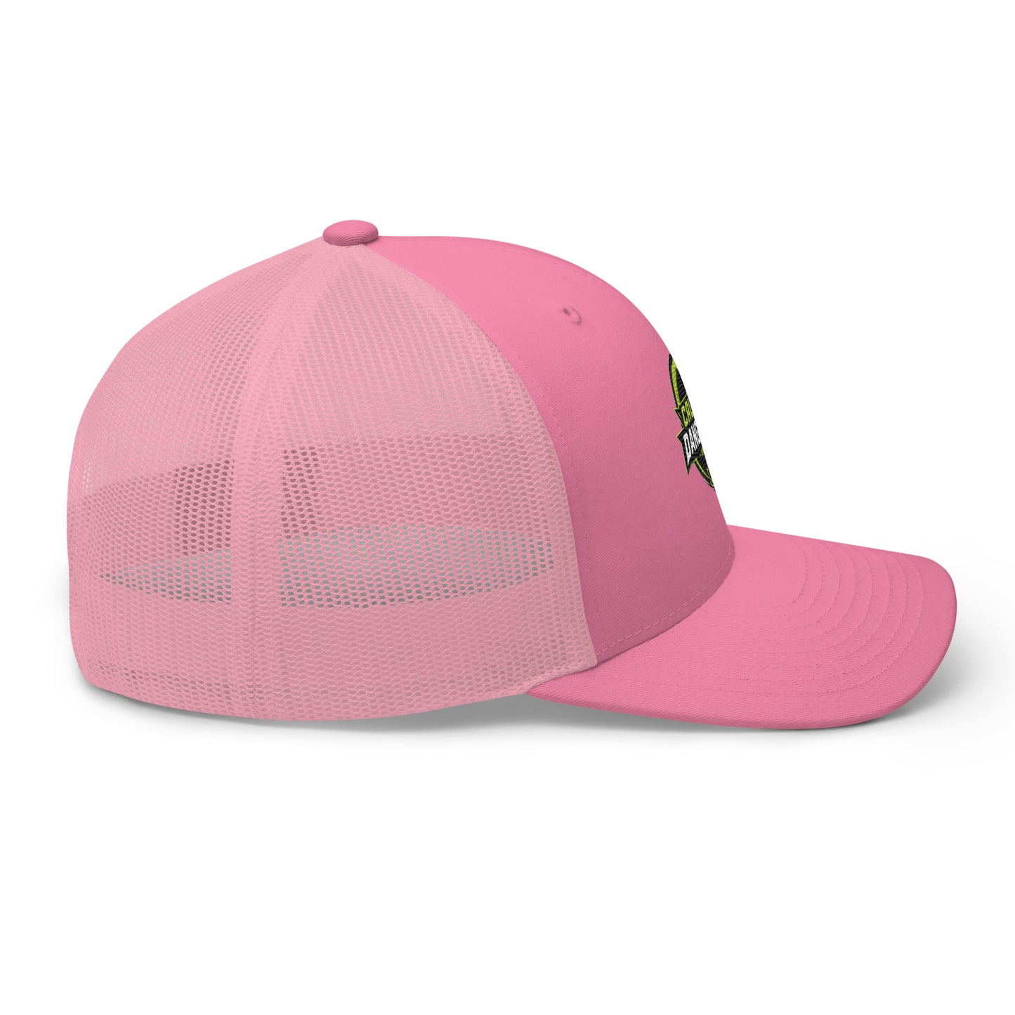 Pink embroidered OBD TAO Calm trucker cap by OB DANGEROUS, featuring a retro style, designed for gym, street, and casual wear.
