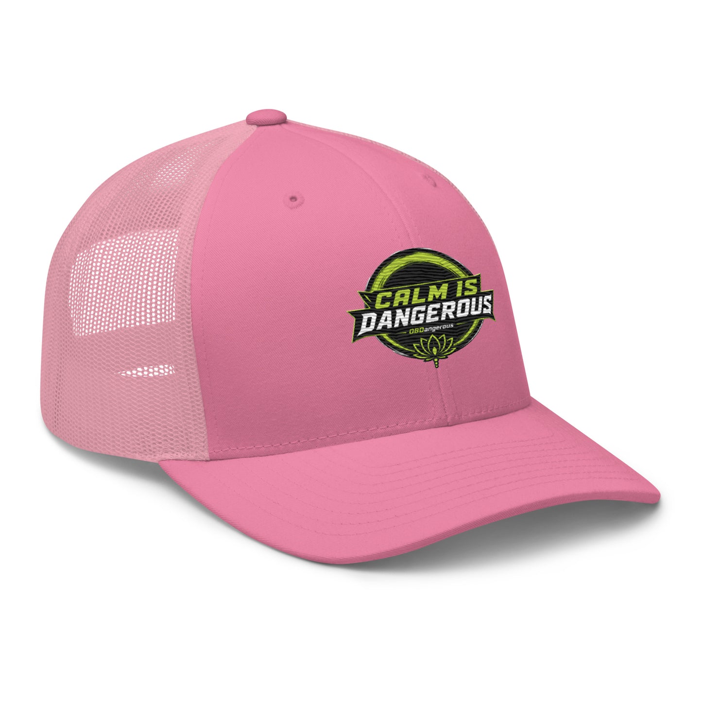 Pink embroidered OBD TAO Calm trucker cap by OB DANGEROUS, featuring retro style, front embroidery, right view