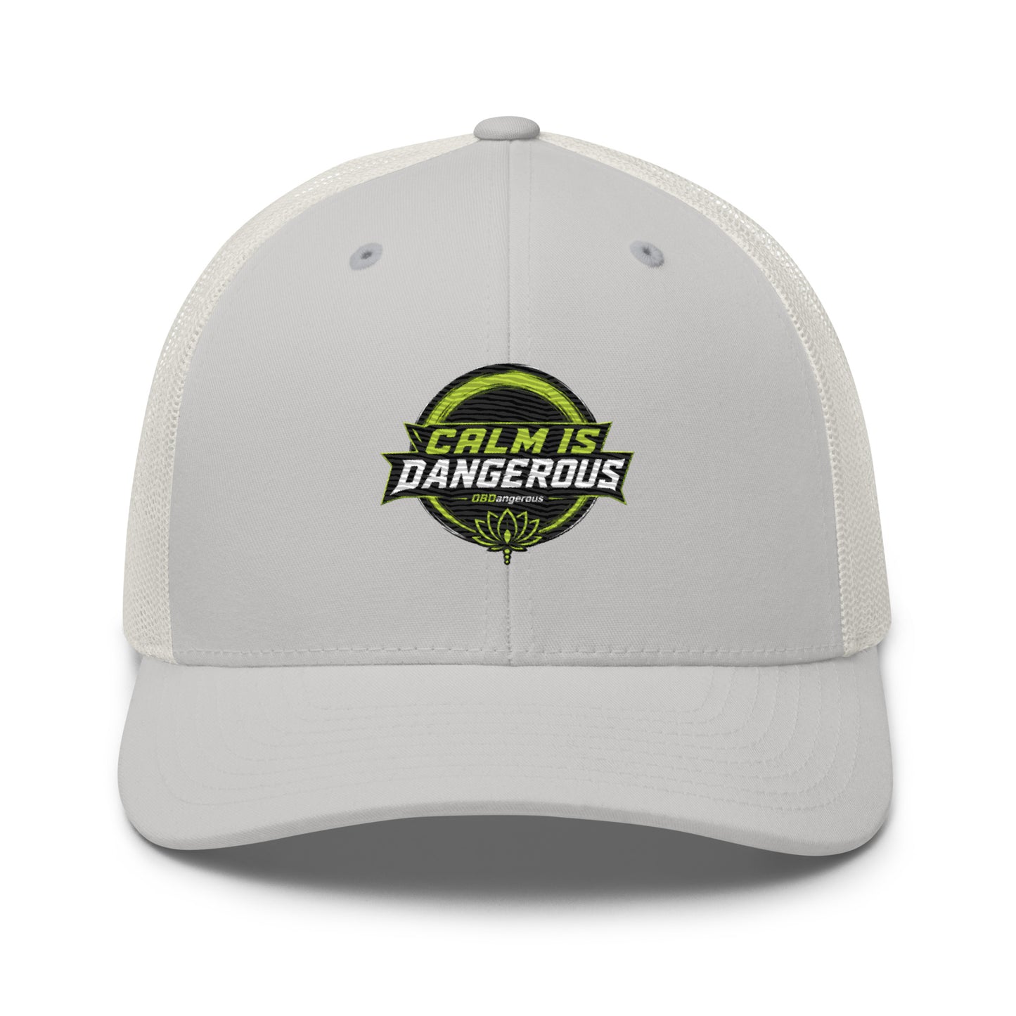 OB DANGEROUS OBD TAO Calm embroidered trucker cap with silver front panel, retro style, suitable for gym and streetwear fashion.