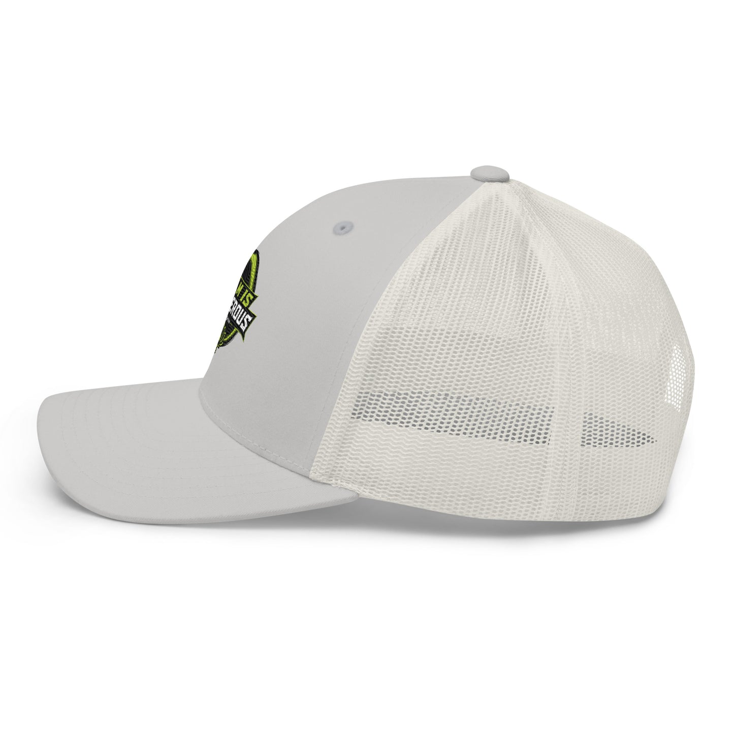 OB DANGEROUS OBD TAO Calm embroidered retro silver trucker cap with mesh back, designed for gym and street style.