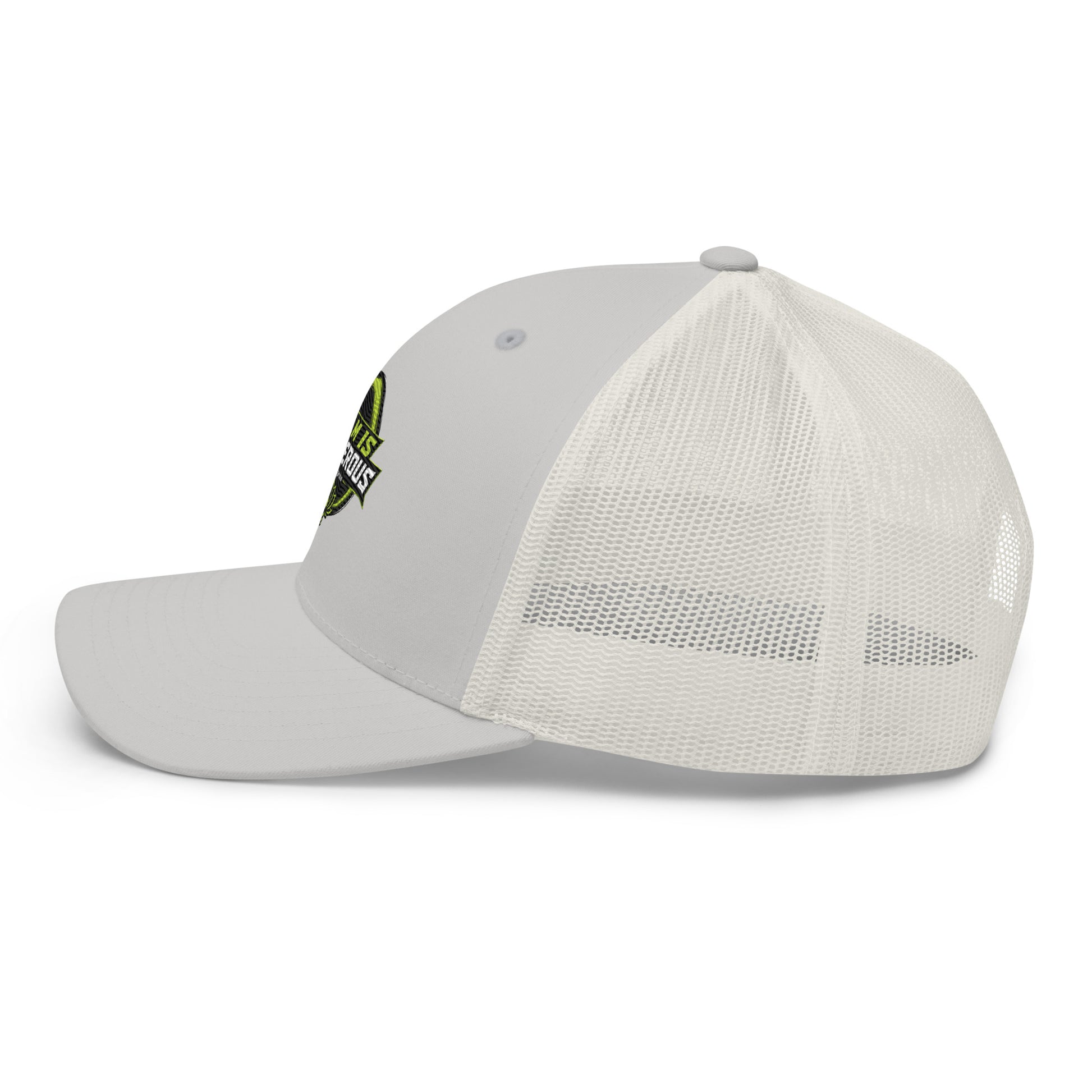 OB DANGEROUS OBD TAO Calm embroidered retro silver trucker cap with mesh back, designed for gym and street style.