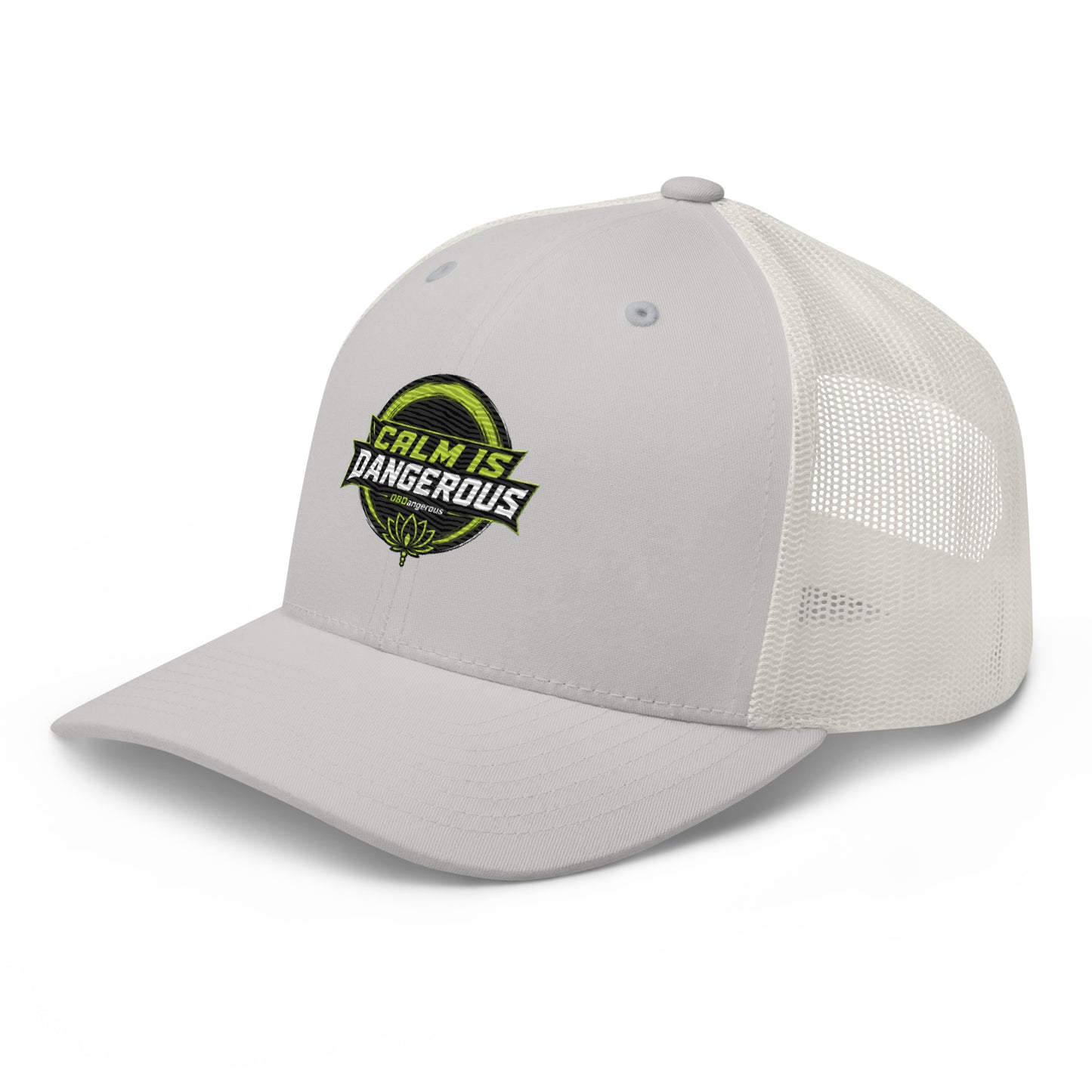 OB DANGEROUS OBD TAO Calm embroidered trucker cap in silver, featuring a classic retro style for gym, street, and casual wear.