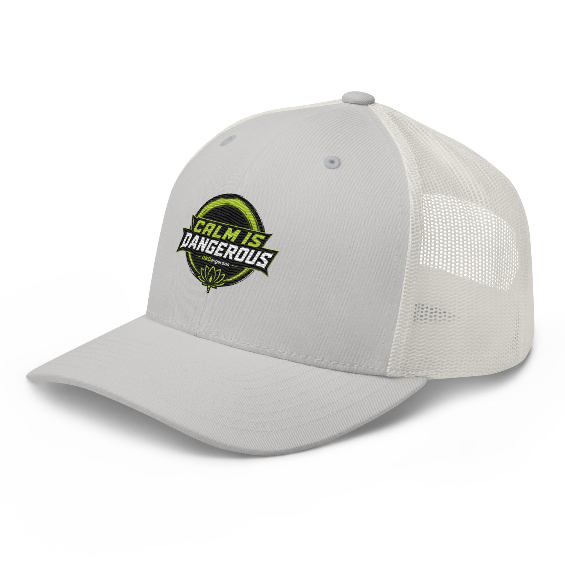 OB DANGEROUS OBD TAO Calm embroidered trucker cap in silver, featuring a classic retro style for gym, street, and casual wear.