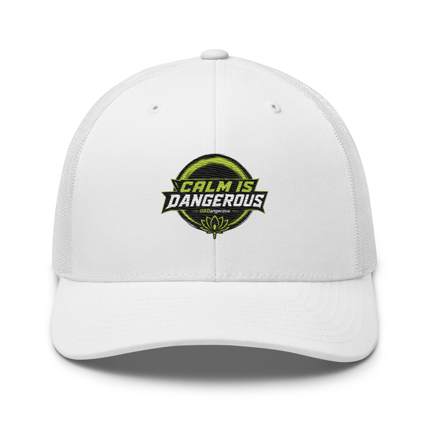 White embroidered OBD TAO Calm trucker cap by OB DANGEROUS featuring retro style, suitable for gym, street, and casual wear.