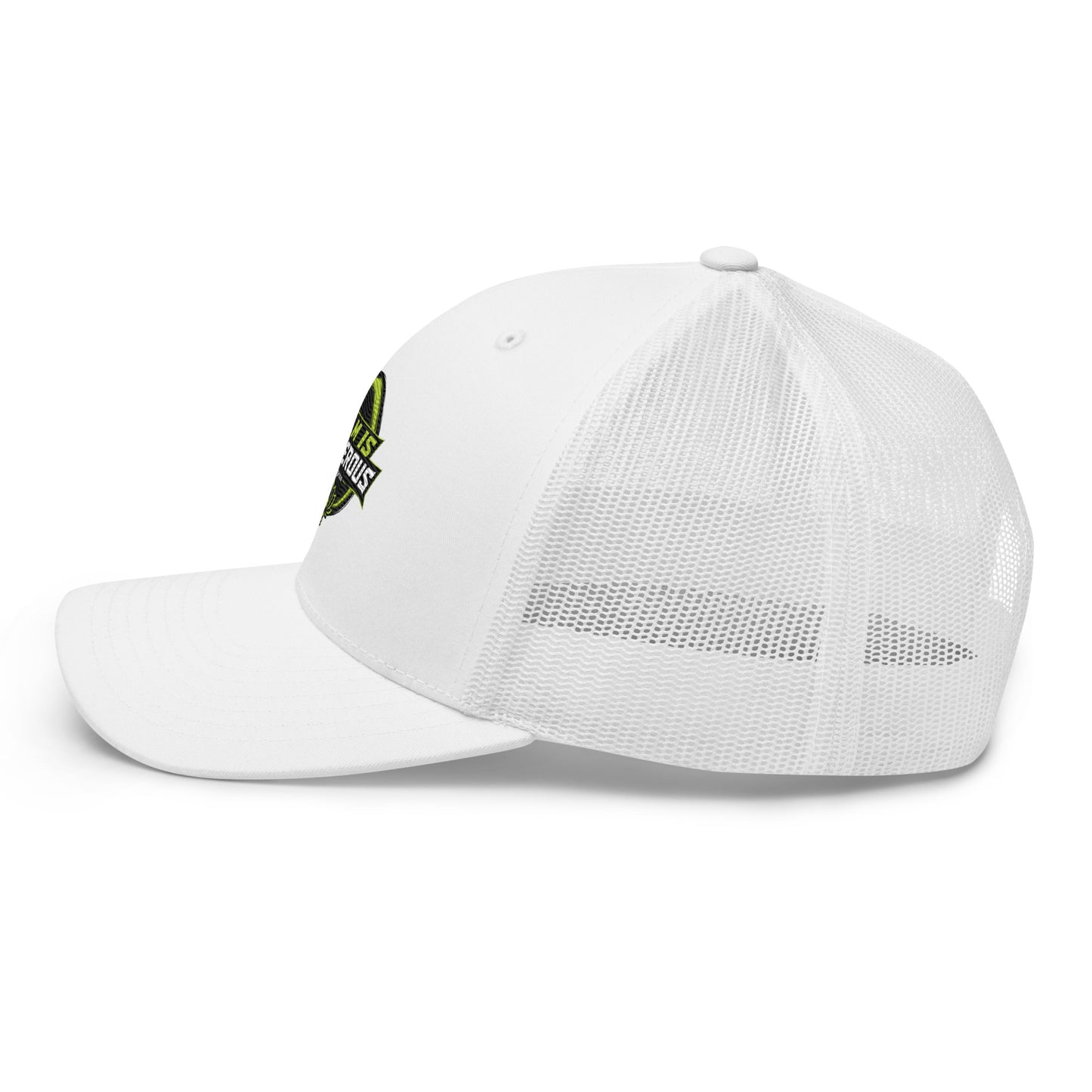 White embroidered OBD TAO Calm trucker cap by OB DANGEROUS, featuring retro style, designed for gym and street wear.