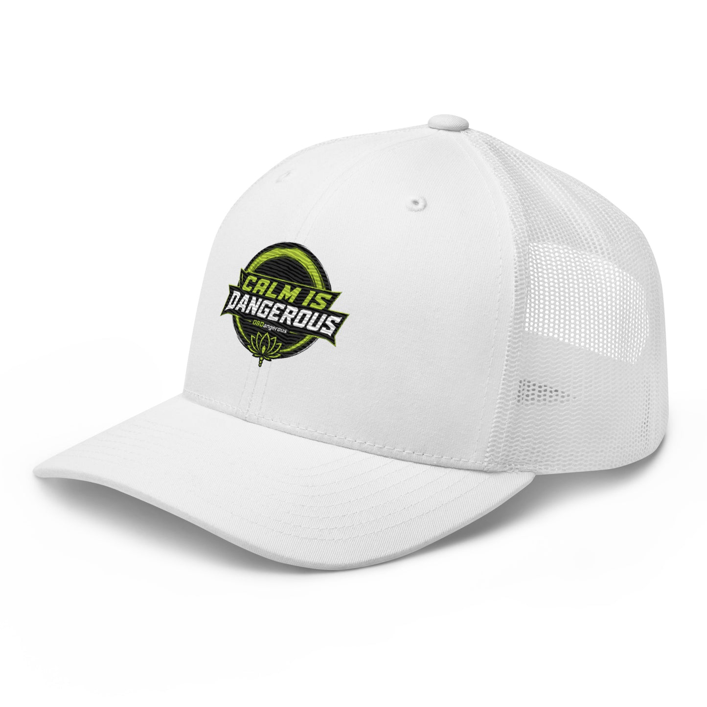 White OB DANGEROUS OBD TAO Calm trucker cap with embroidered logo, retro style, front view showing detailed embroidery.