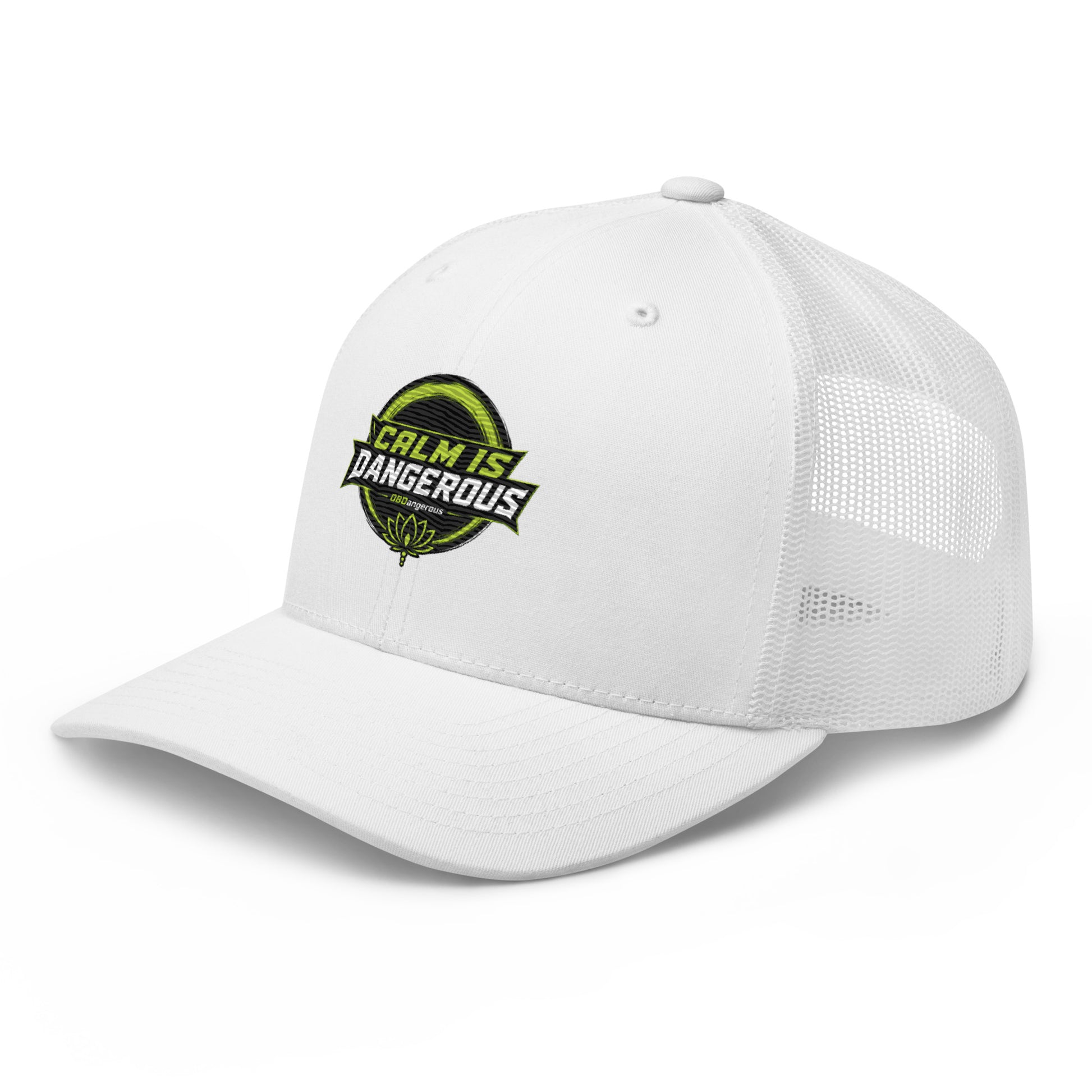 White OB DANGEROUS OBD TAO Calm trucker cap with embroidered logo, retro style, front view showing detailed embroidery.
