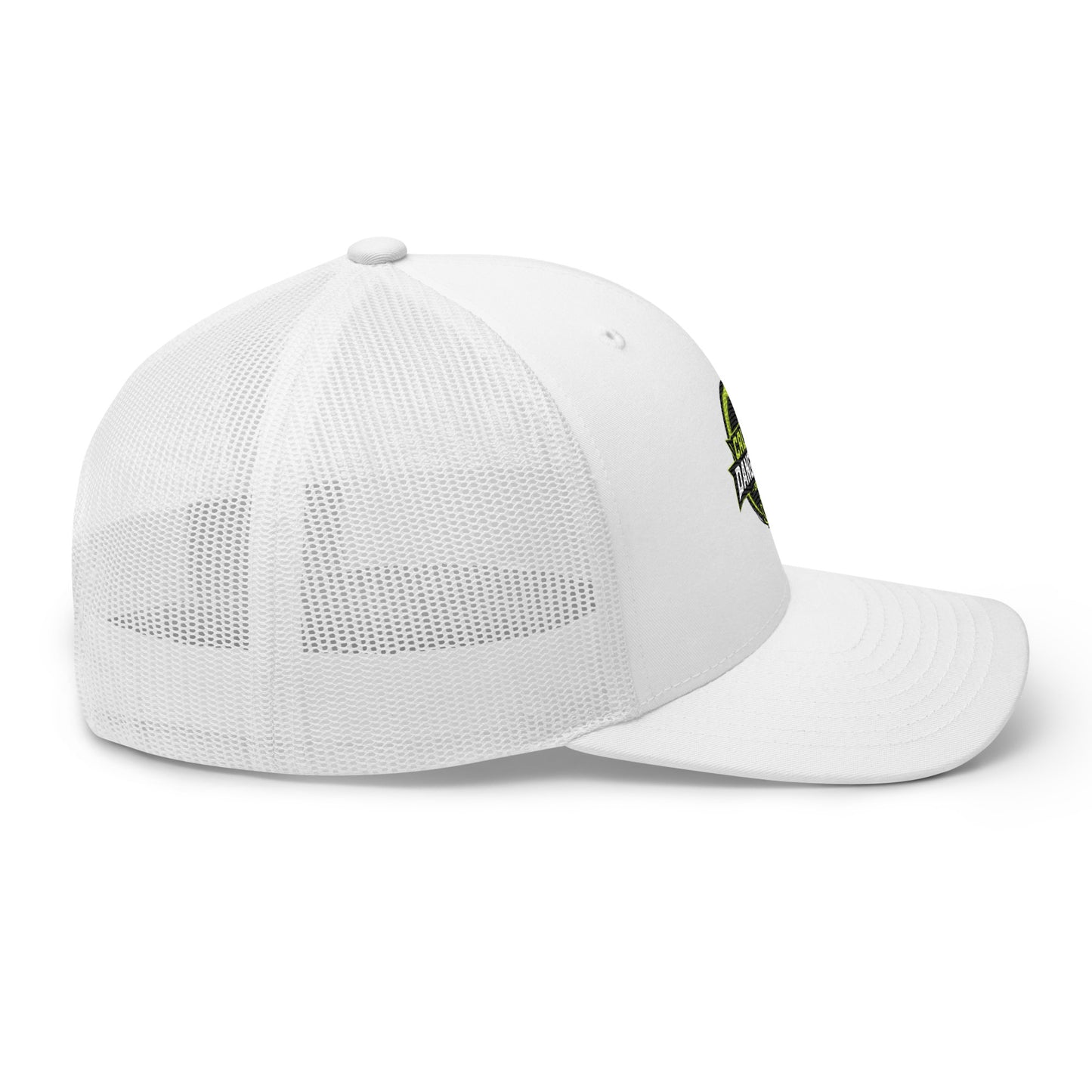 White embroidered OBD TAO Calm trucker cap by OB DANGEROUS, featuring a classic retro style for gym and street wear.