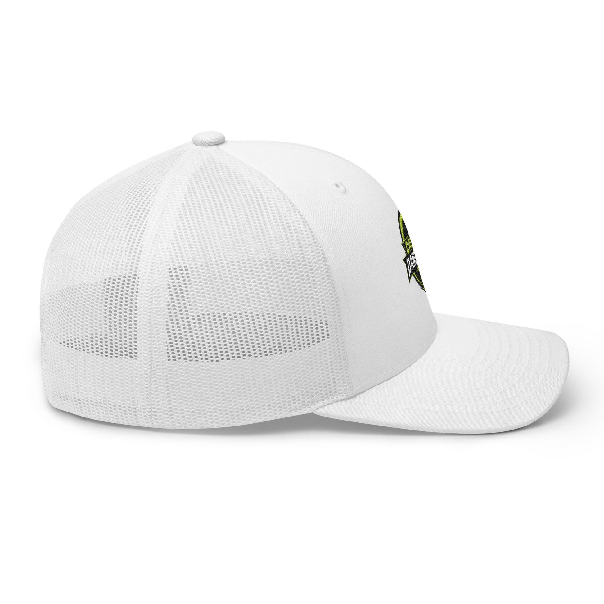 White embroidered OBD TAO Calm trucker cap by OB DANGEROUS, featuring a classic retro style for gym and street wear.