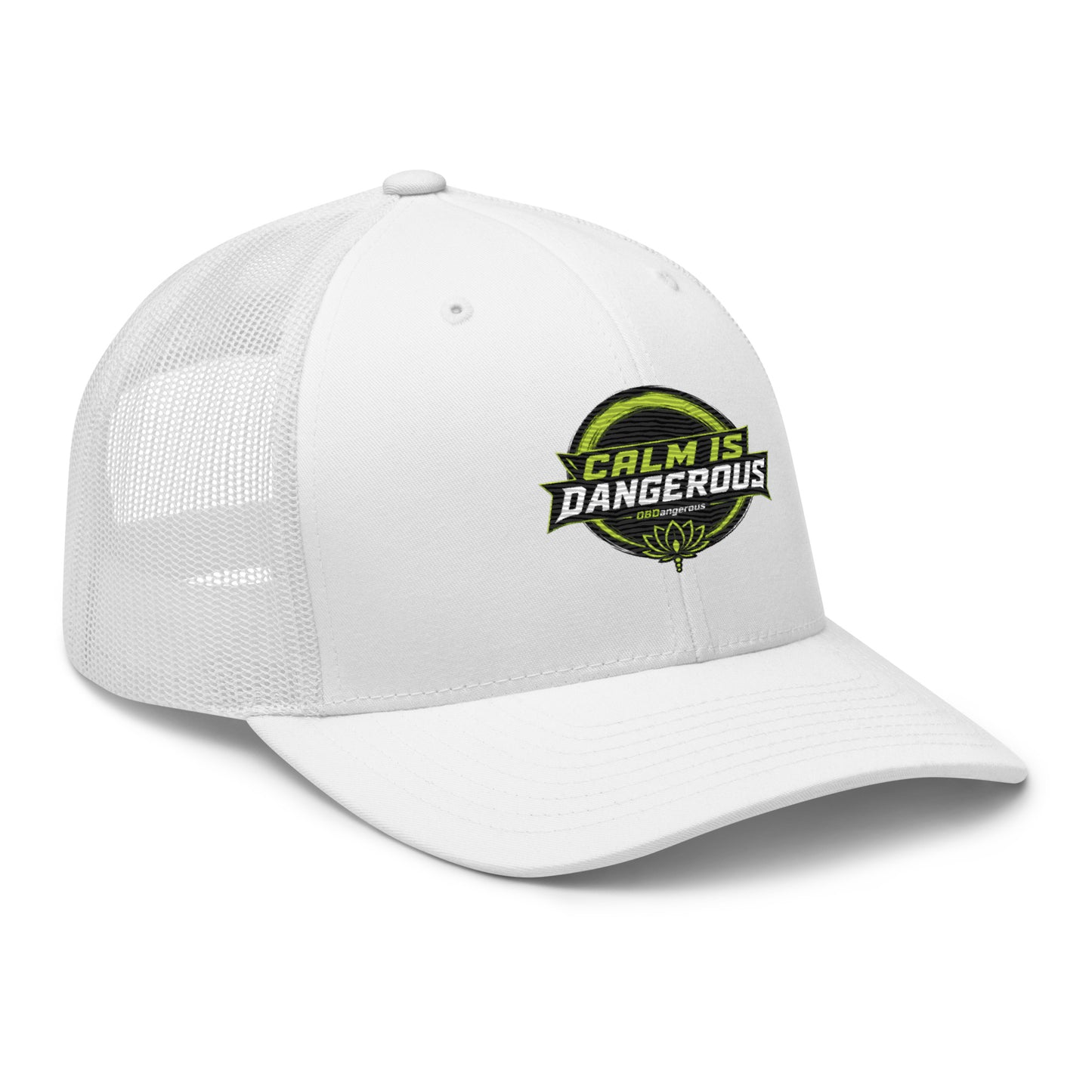 White embroidered OBD TAO Calm trucker cap by OB DANGEROUS featuring retro style, right-front view, suitable for gym and streetwear.