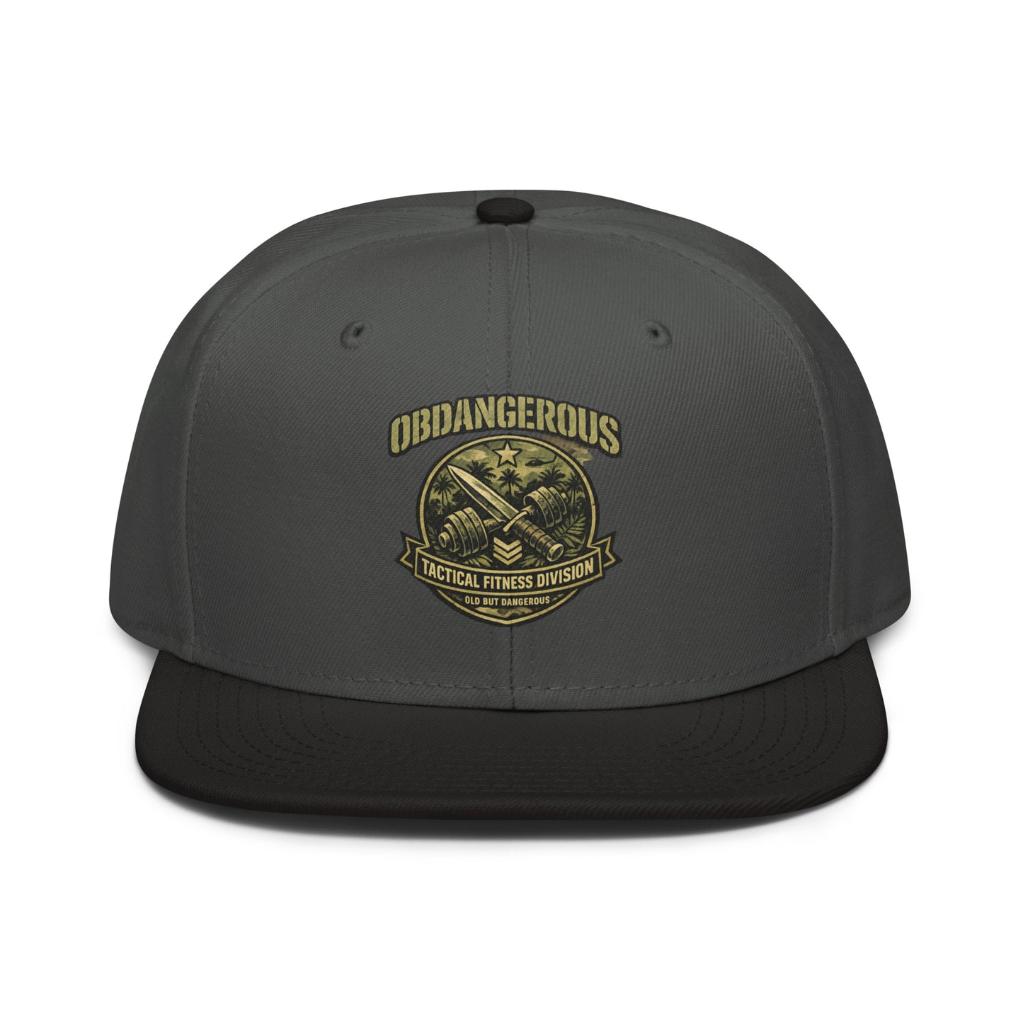Black and charcoal gray embroidered snapback hat with Tactical Fitness Division Shield logo, designed for gym and street wear by OB DANGEROUS.