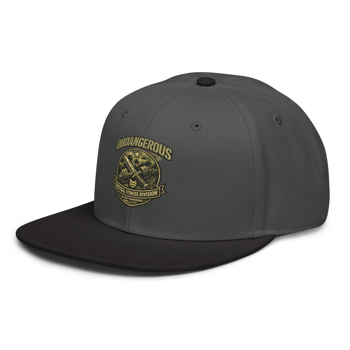 Black and charcoal gray embroidered tactical fitness division shield snapback hat by OB DANGEROUS, front view.