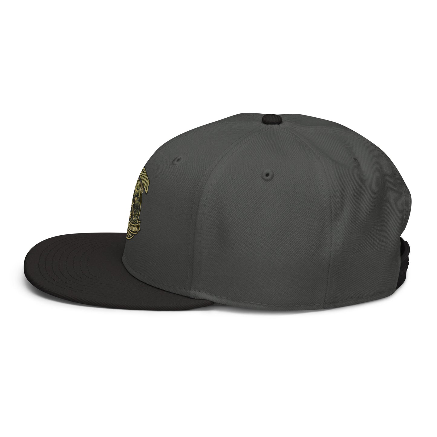 Black and charcoal gray OB DANGEROUS Tactical Fitness Division Shield snapback hat with embroidered design, side view.