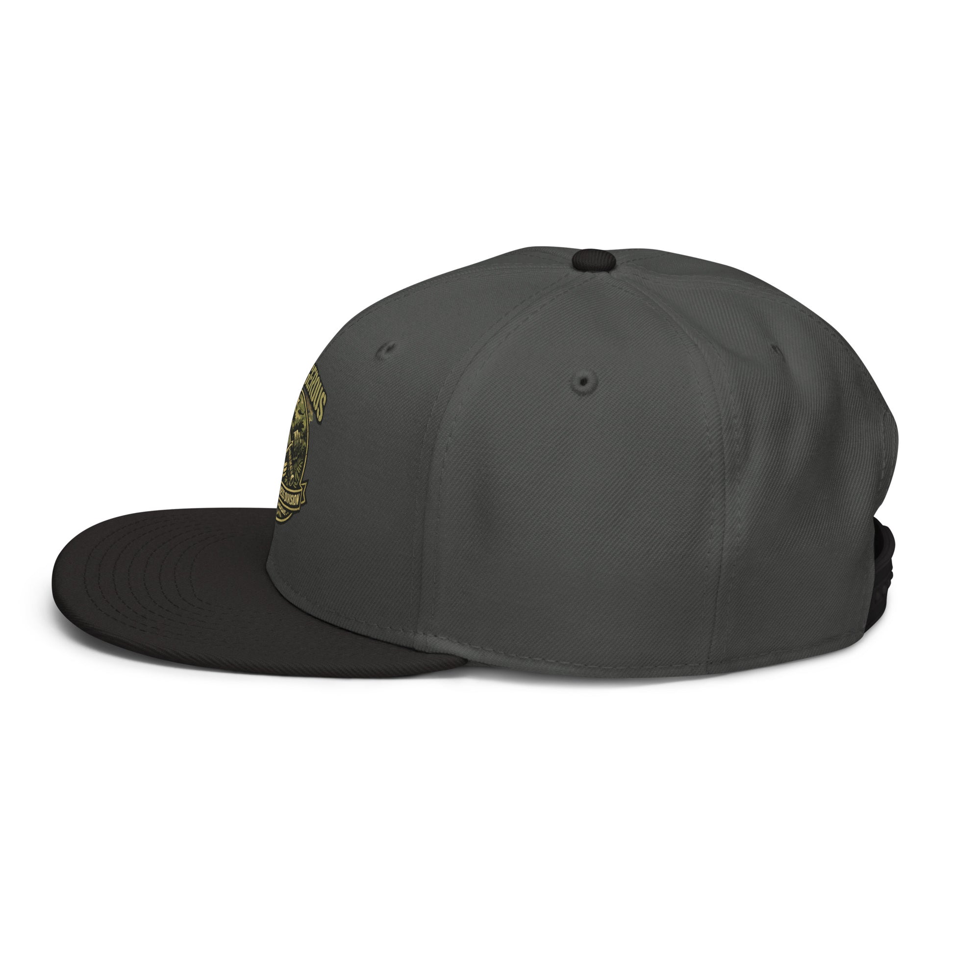 Black and charcoal gray OB DANGEROUS Tactical Fitness Division Shield snapback hat with embroidered design, side view.
