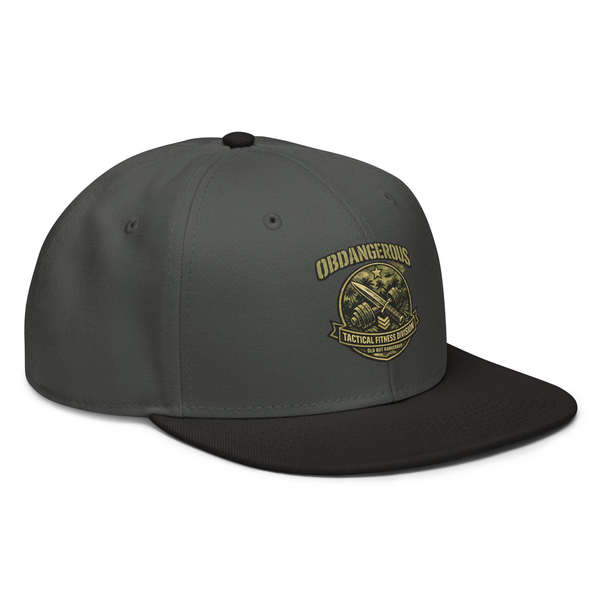 Black and charcoal gray embroidered snapback hat by OB DANGEROUS featuring Tactical Fitness Division Shield design.