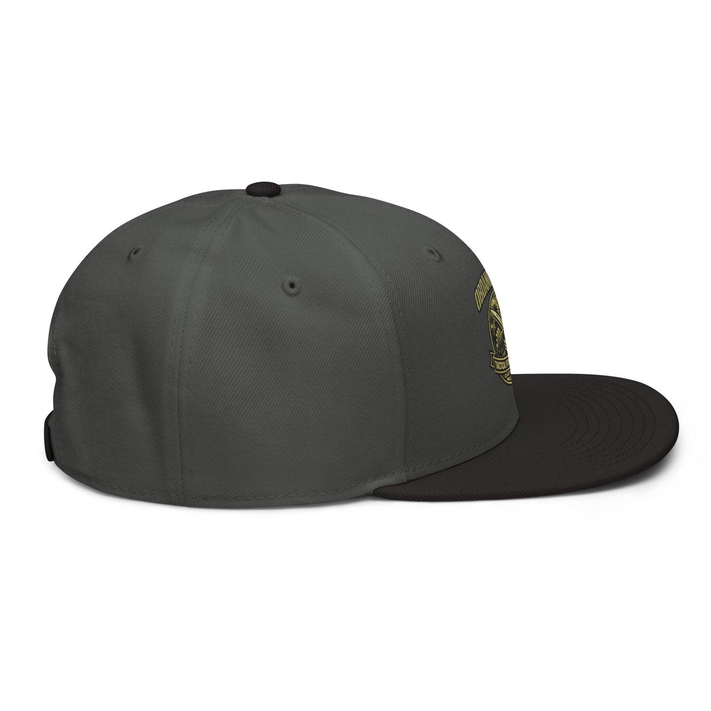 Black and charcoal gray embroidered snapback hat with Tactical Fitness Division Shield design, adjustable fit, by OB Dangerous.