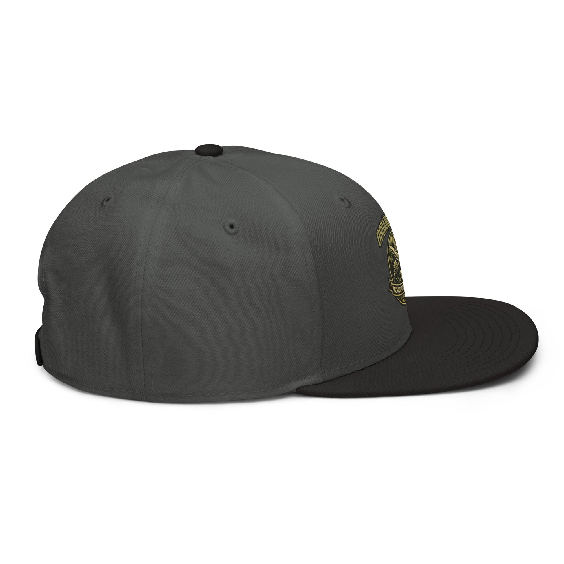 Black and charcoal gray embroidered snapback hat with Tactical Fitness Division Shield design, adjustable fit, by OB Dangerous.