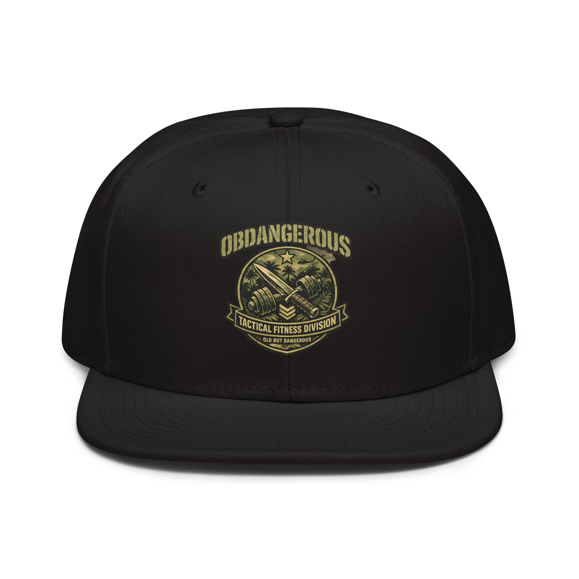 Black snapback hat with embroidered Tactical Fitness Division Shield design by OB DANGEROUS, suitable for gym and streetwear.