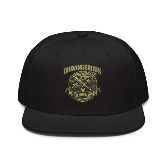 Black snapback hat with embroidered Tactical Fitness Division Shield design by OB DANGEROUS, suitable for gym and streetwear.